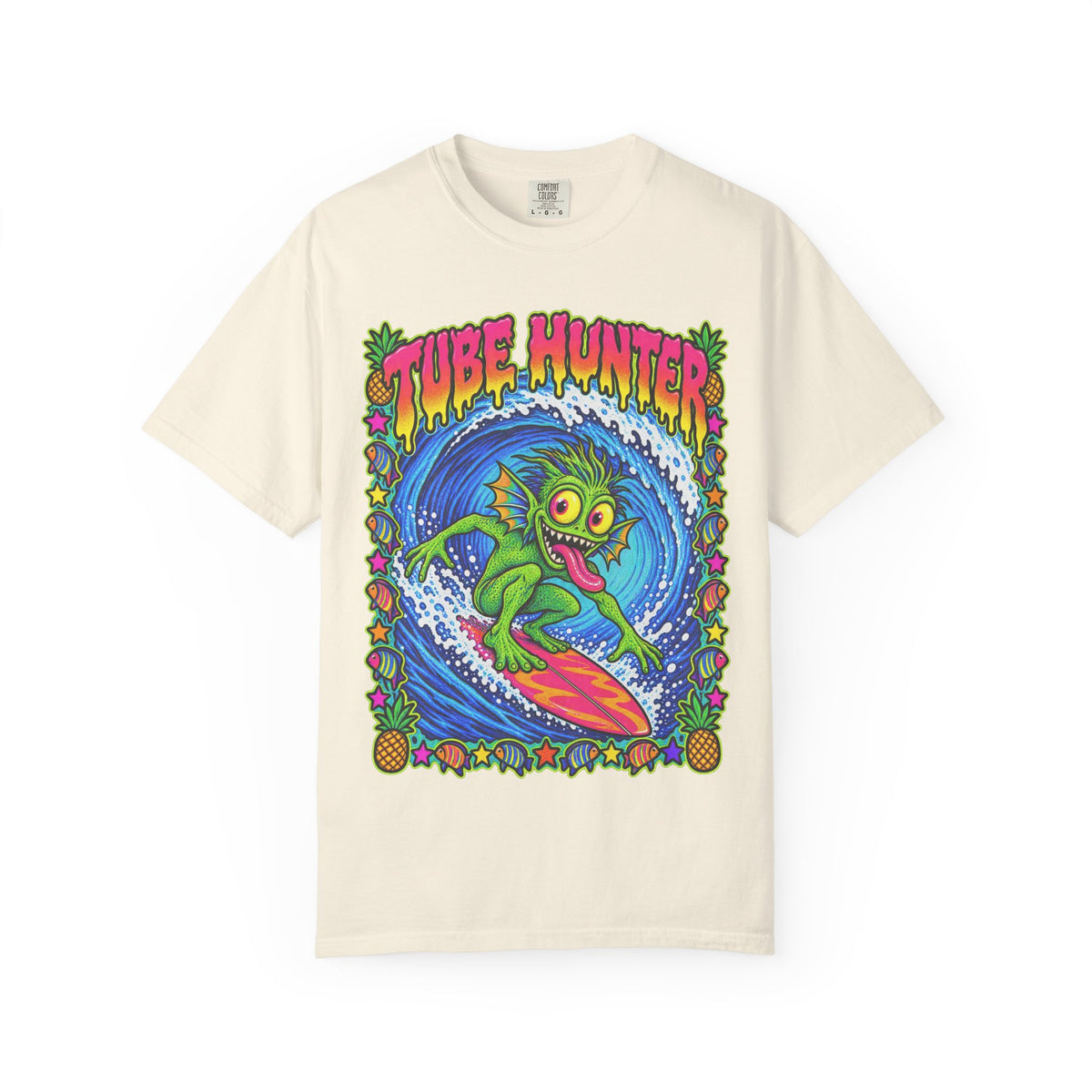 Tube Hunter Tee | 80s Comic Sea Monster Surf Shirt | Funny Barrel Wave T-Shirt | Comfort Colors
