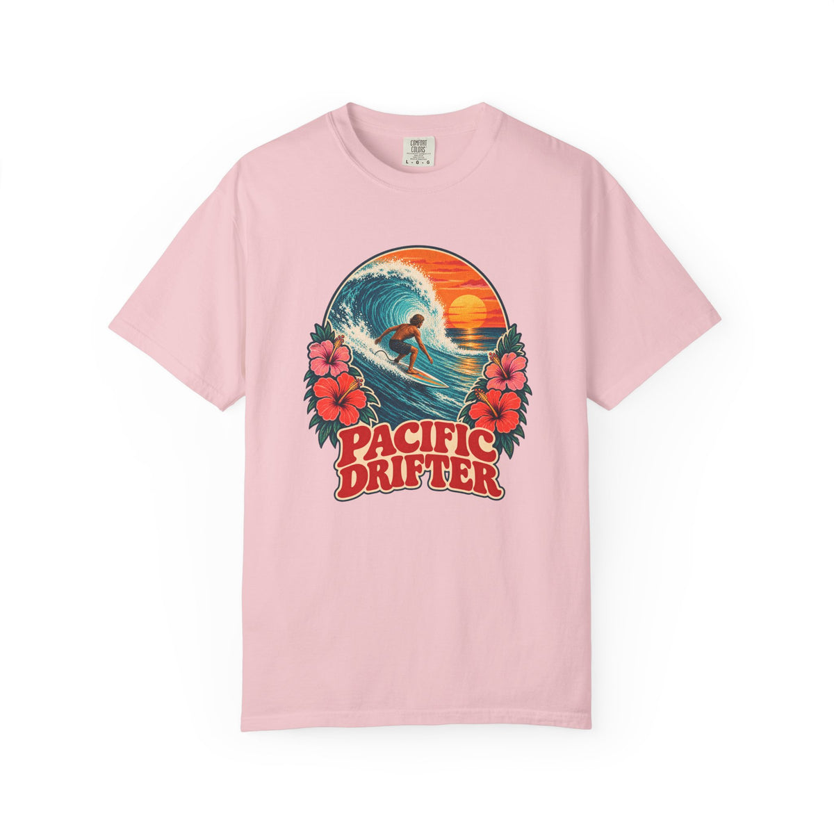 Pacific Drifter Tee | Retro Surfer Wave Hibiscus Shirt | Vintage Surf T-Shirt | Comfort Colors Gift
