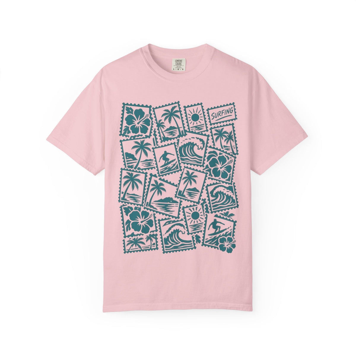 Surfing Postcard Stamp Shirt | Tropical Postage Pattern Tee | Comfort Colors T-Shirt