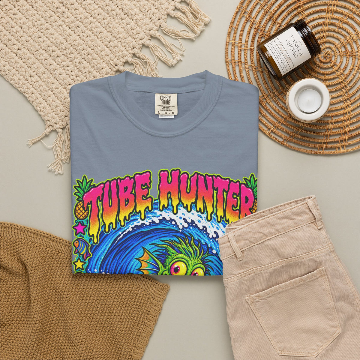 Tube Hunter Tee | 80s Comic Sea Monster Surf Shirt | Funny Barrel Wave T-Shirt | Comfort Colors