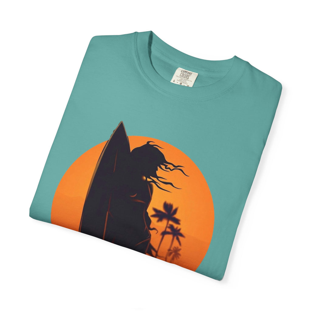 Sunset Surf Girl Tee | Retro Surfer Silhouette Shirt | Palm Tree Sunset Beach T-Shirt | Comfort Colors