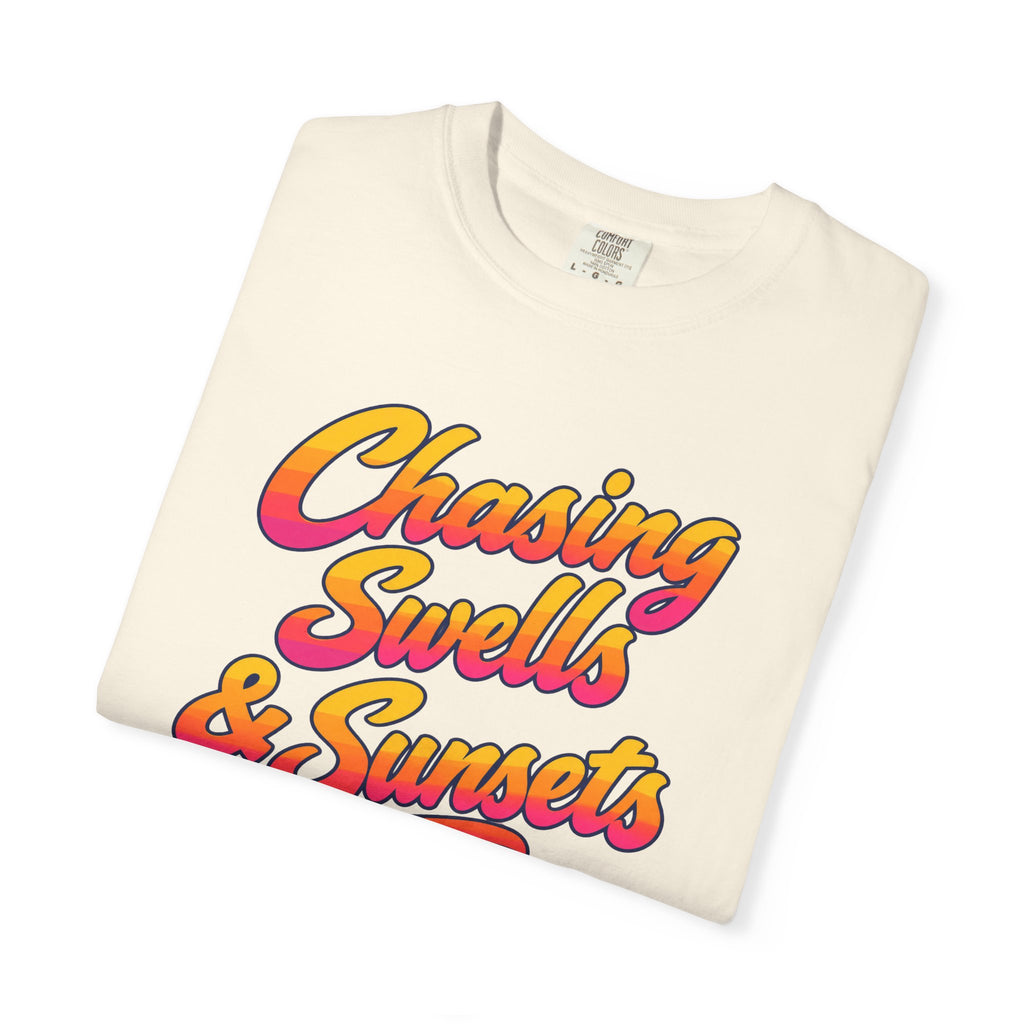 Chasing Swells and Sunsets Tee | Retro Script Surf T-Shirt | Sunset Beach Shirt | Comfort Colors Surfer Gift