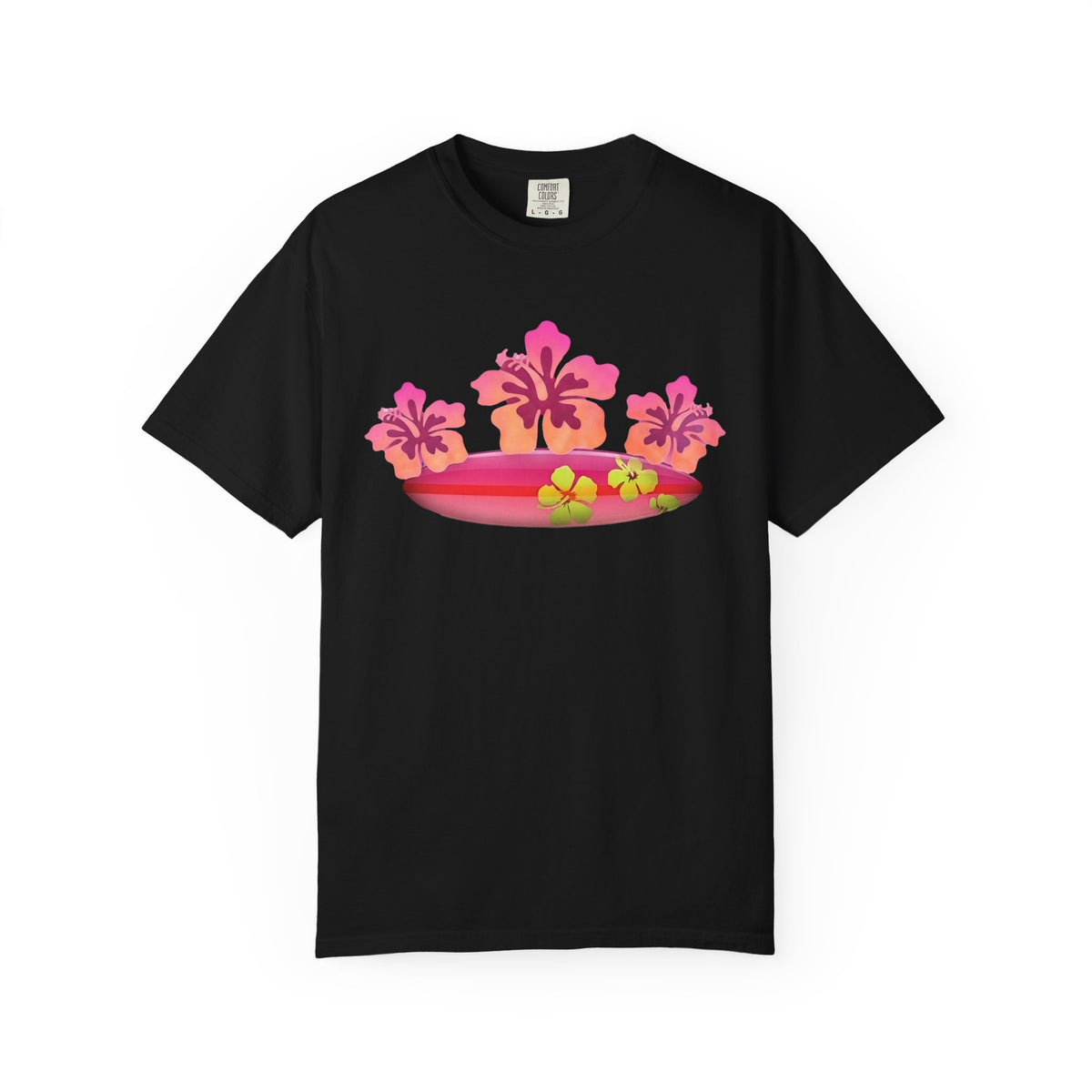Hibiscus Surfboard Tee | Pink Hibiscus Surf Shirt | Tropical Surfer Girl T-Shirt | Comfort Colors