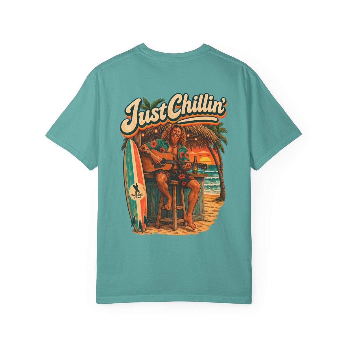 Just Chillin' Surf T-Shirt — Retro Beach Vibes with Guitarist Graphic