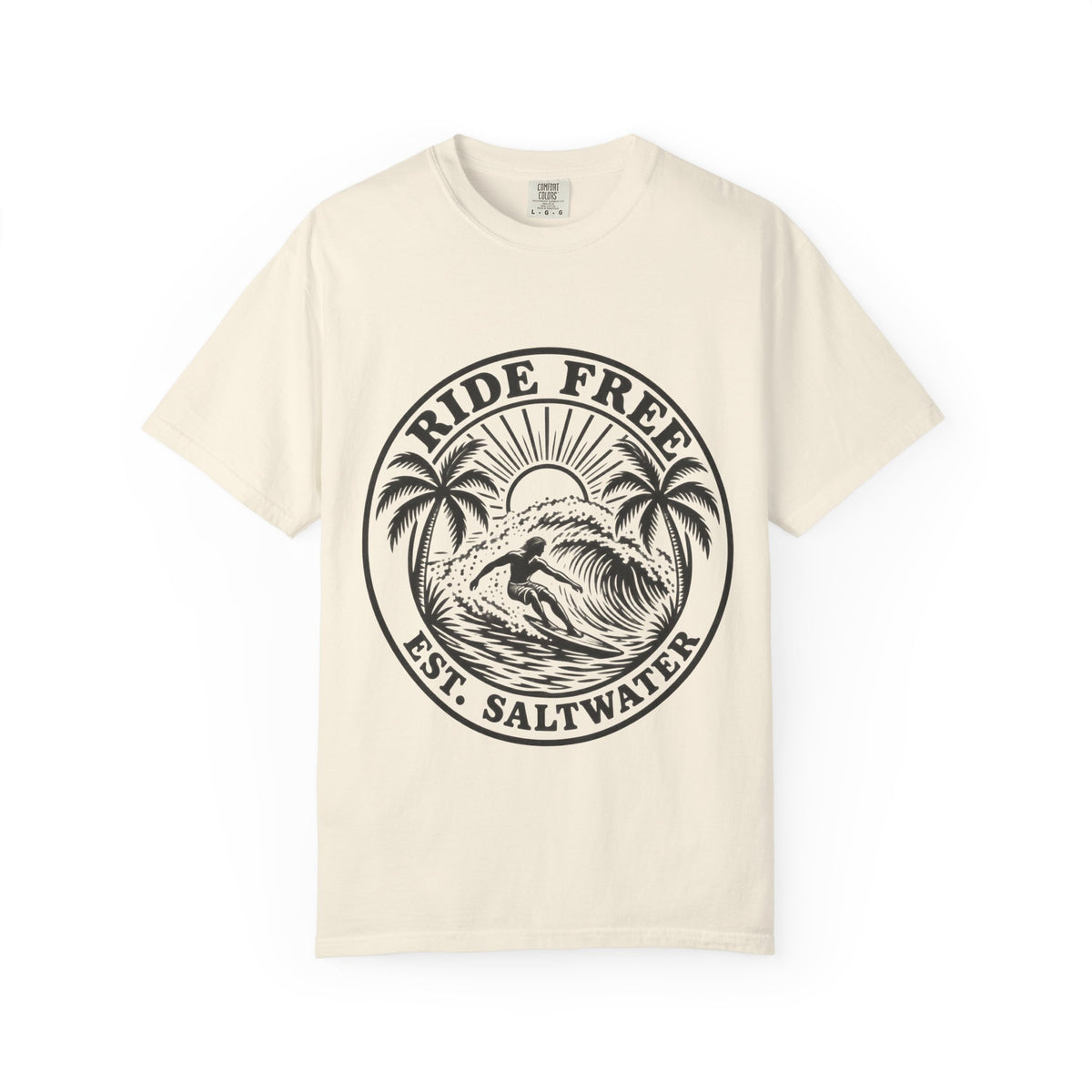 Ride Free Woodcut Surf Shirt | Est Saltwater Badge Tee | Comfort Colors T-Shirt