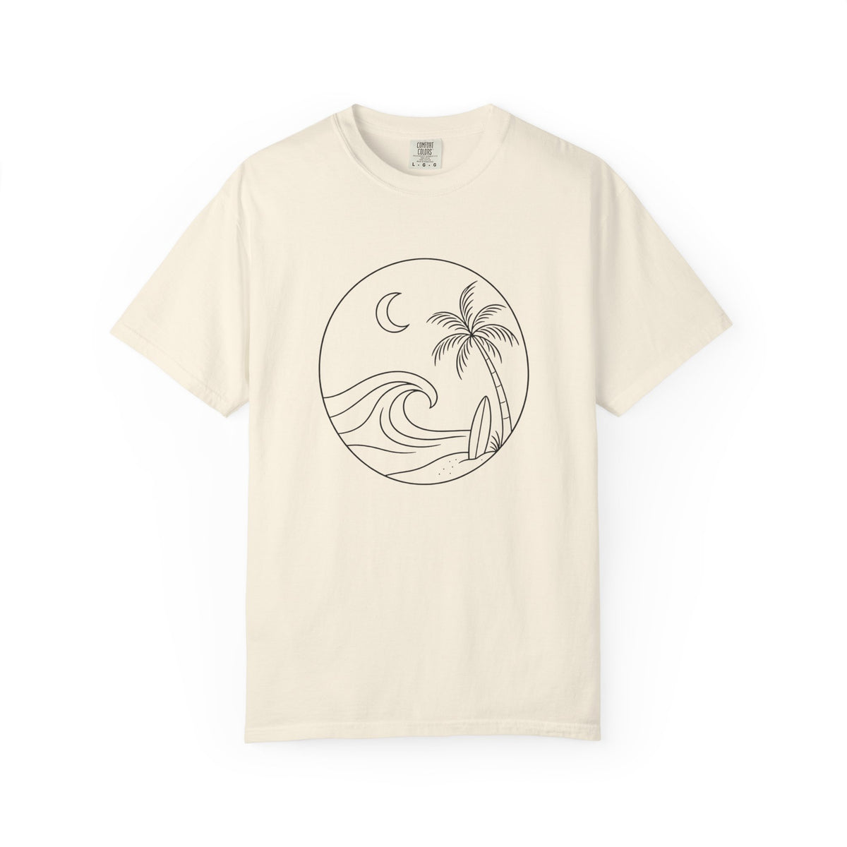 Moonlit Surf Line Art T-Shirt | Palm Tree Wave Circle Design