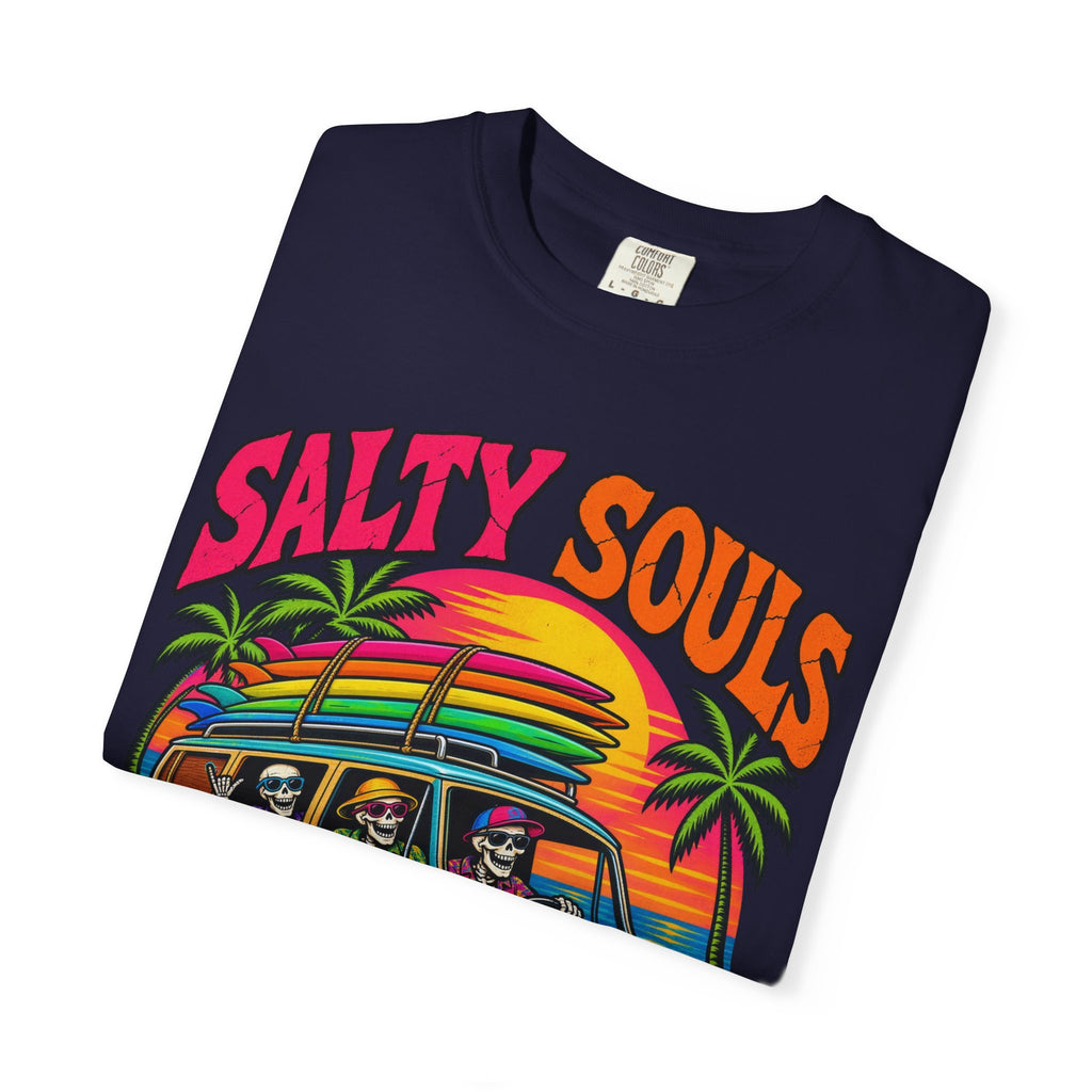 Salty Souls Never Sleep Tee | Skeleton Surf Van Shirt | Funny Retro Surf T-Shirt | Comfort Colors