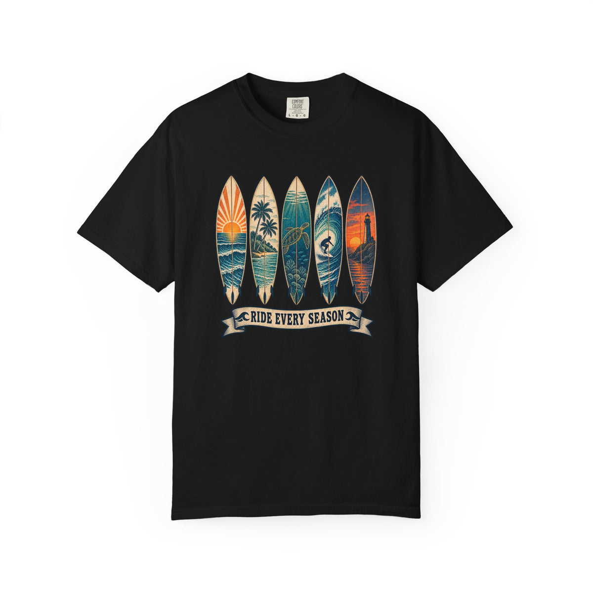 Ride Every Season Tee | Vintage Surfboard Art Shirt | Retro Surf T-Shirt | Comfort Colors Gift