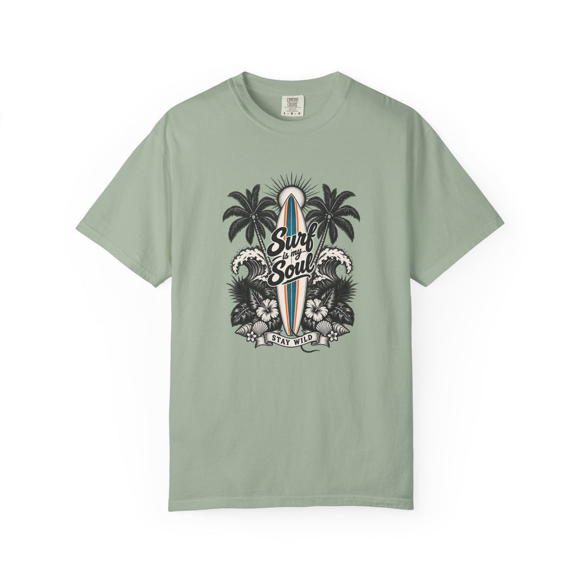 Surf Is My Soul Tee | Black & White Line Art Surf Shirt | Tropical Surfboard T-Shirt | Comfort Colors Gift
