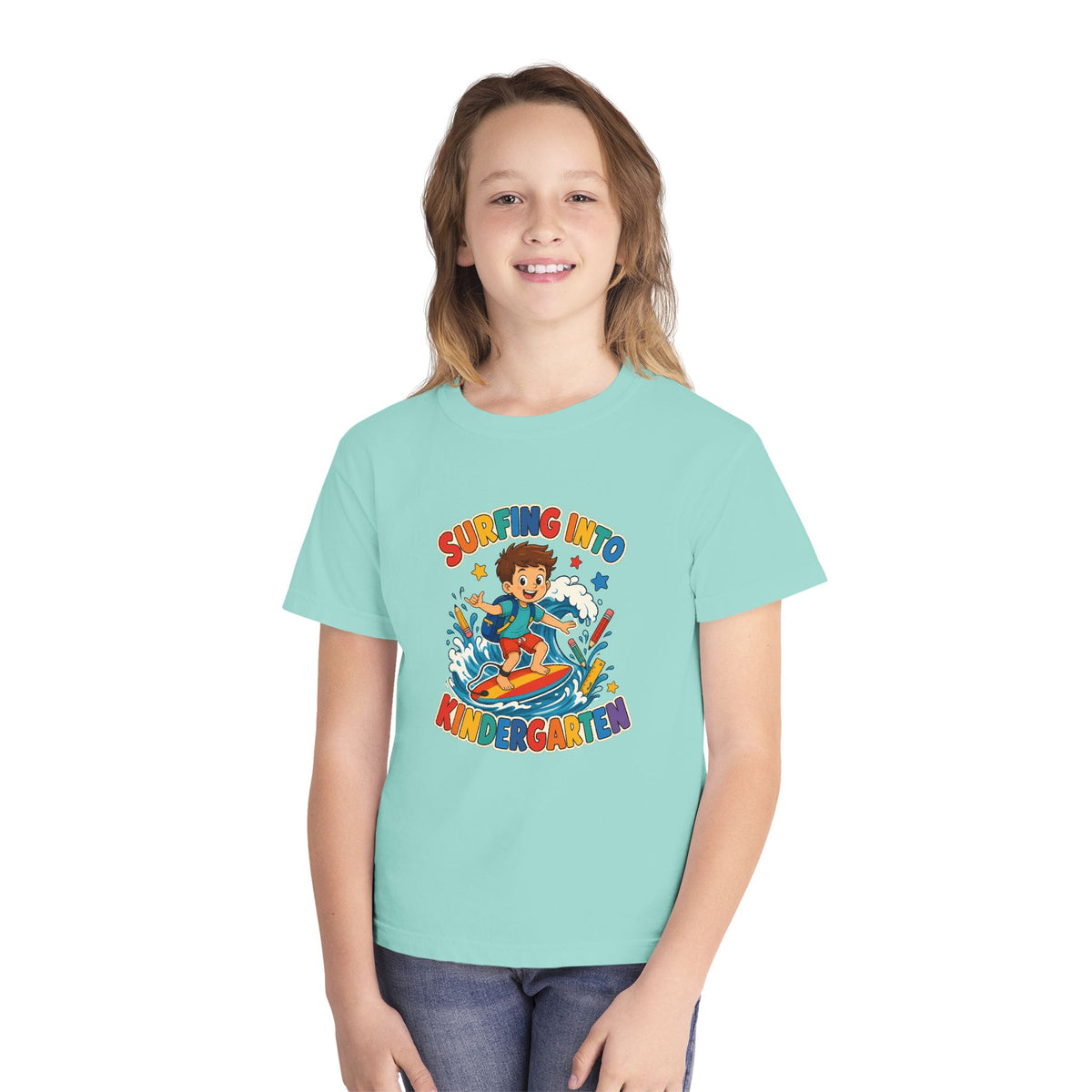 Surfing Into Kindergarten Kids Tee | Kindergarten Surf Shirt | Youth Beach T-Shirt | Surf Kid Gift