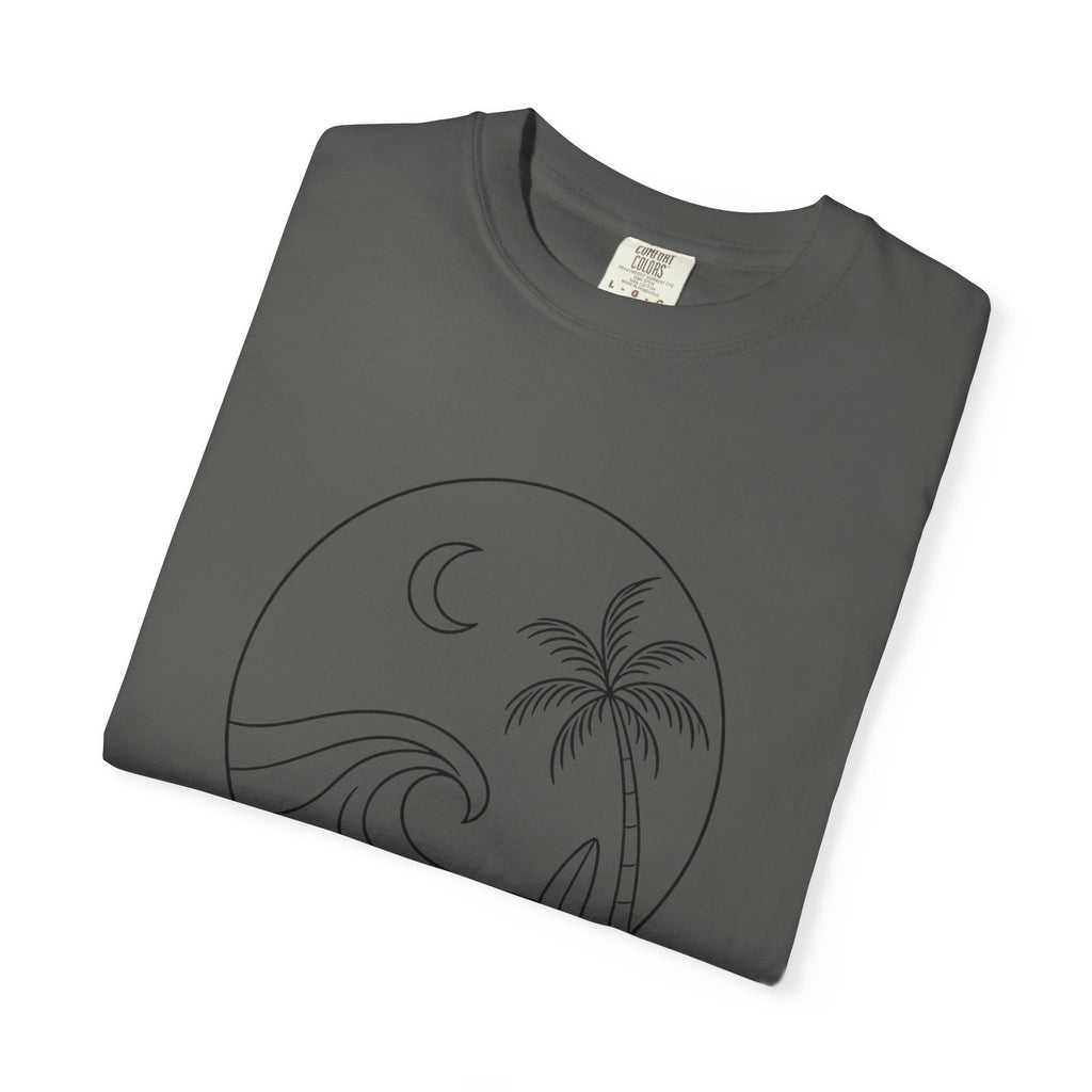 Moonlit Surf Line Art T-Shirt | Palm Tree Wave Circle Design