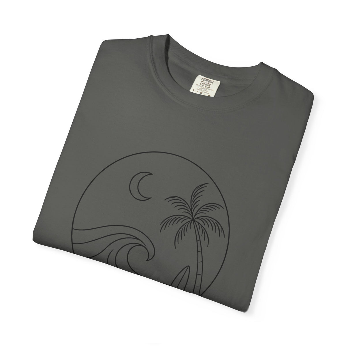 Moonlit Surf Line Art T-Shirt | Palm Tree Wave Circle Design