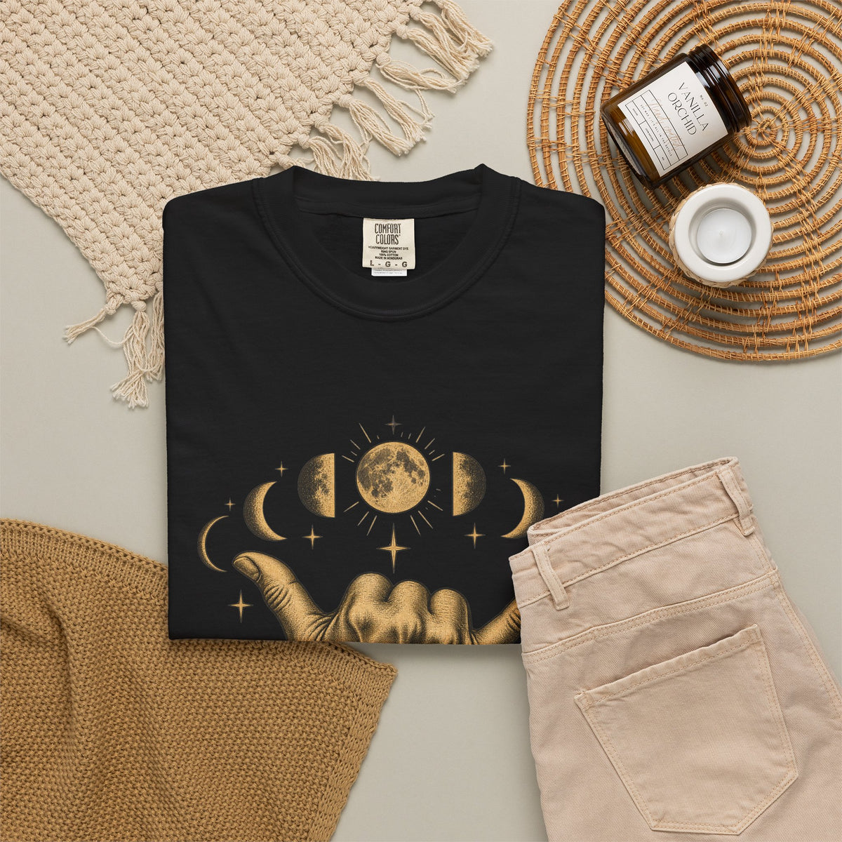 Shaka Moon Phases Shirt | Celestial Shaka Hand Tee | Comfort Colors T-Shirt