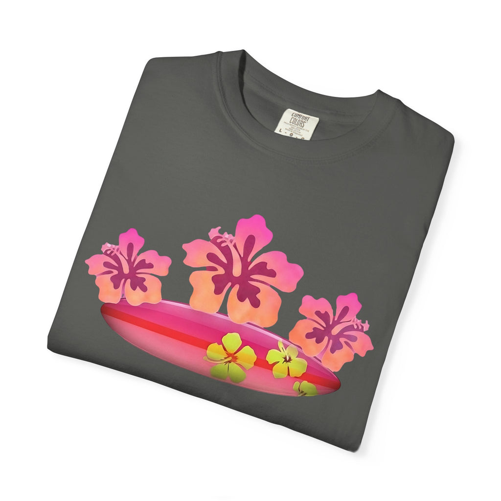 Hibiscus Surfboard Tee | Pink Hibiscus Surf Shirt | Tropical Surfer Girl T-Shirt | Comfort Colors
