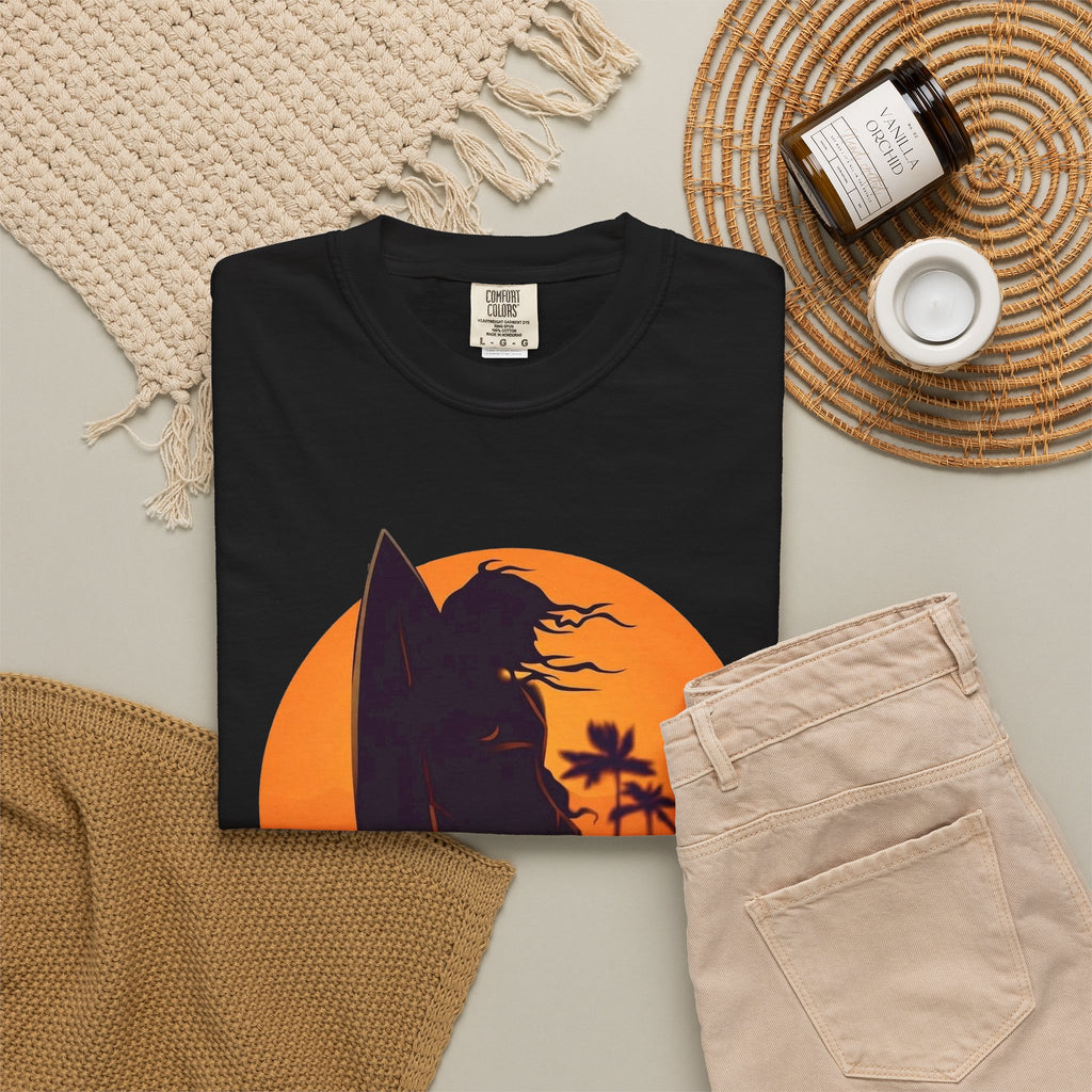 Sunset Surf Girl Tee | Retro Surfer Silhouette Shirt | Palm Tree Sunset Beach T-Shirt | Comfort Colors