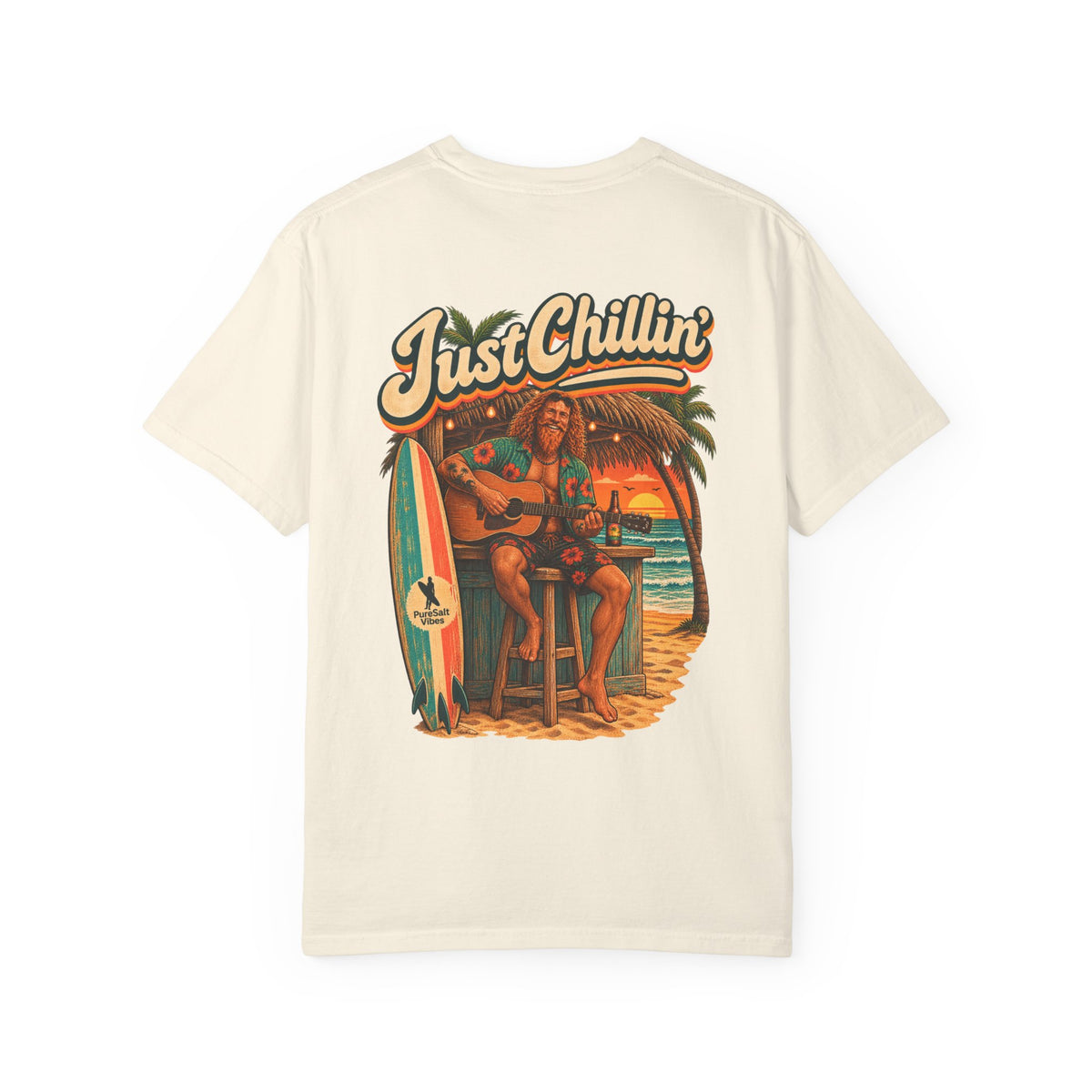 Just Chillin' Surf T-Shirt — Retro Beach Vibes with Guitarist Graphic