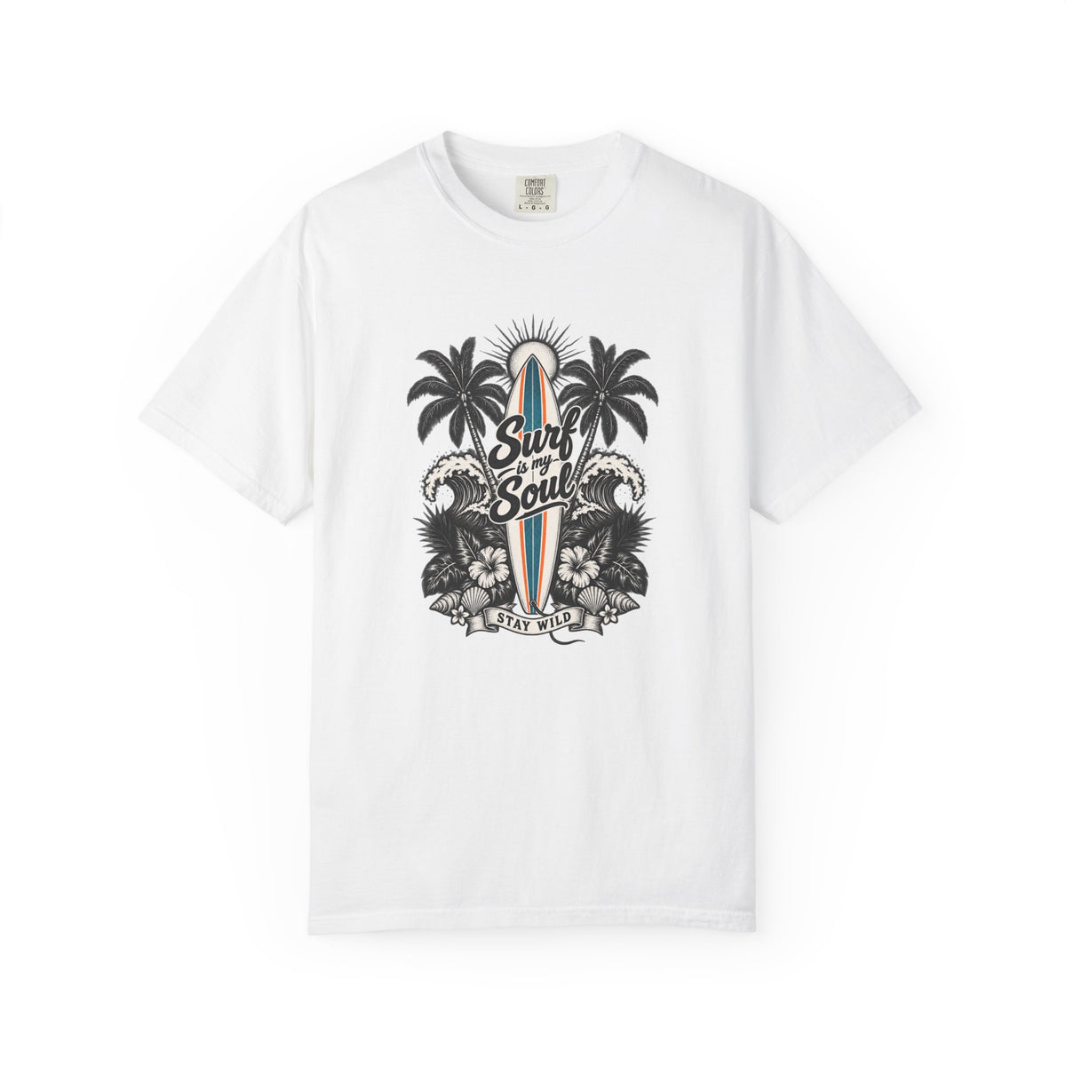 Surf Is My Soul Tee | Black & White Line Art Surf Shirt | Tropical Surfboard T-Shirt | Comfort Colors Gift