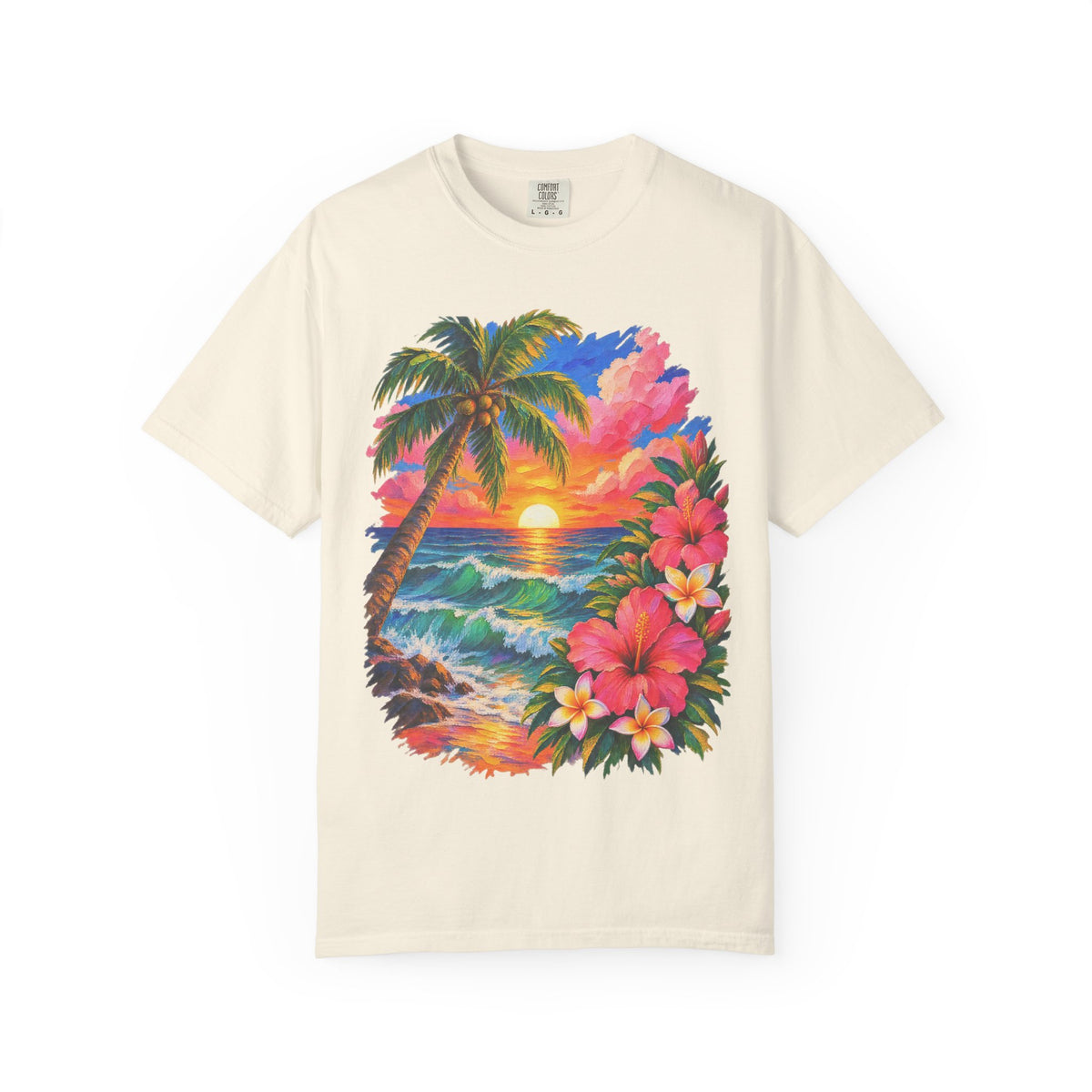 Hibiscus Sunset Ocean Shirt | Painted Tropical Seascape Tee | Comfort Colors T-Shirt