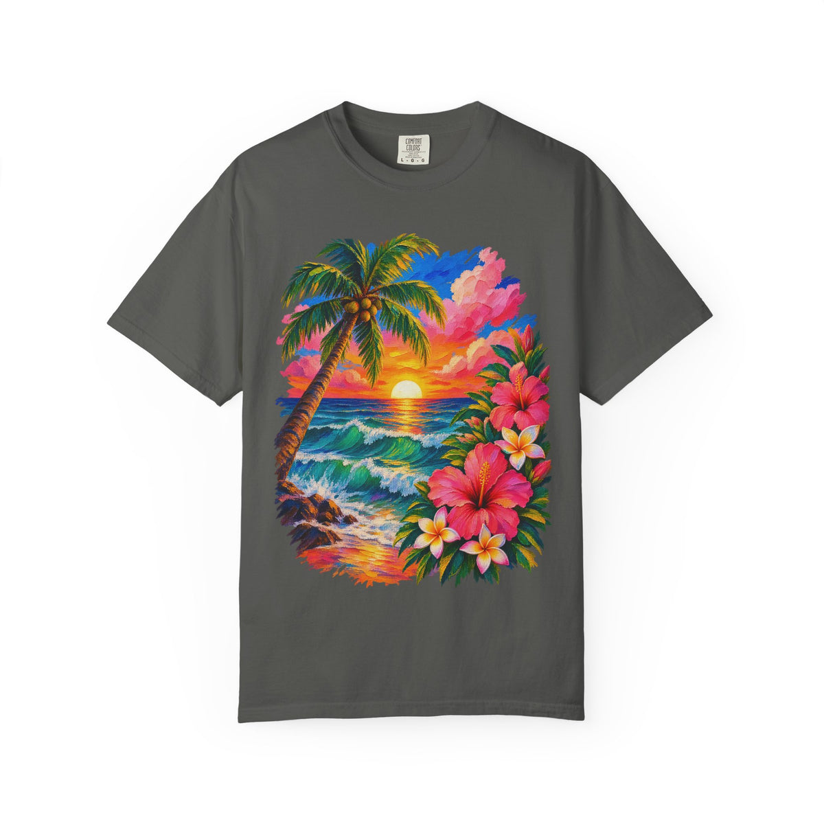 Hibiscus Sunset Ocean Shirt | Painted Tropical Seascape Tee | Comfort Colors T-Shirt