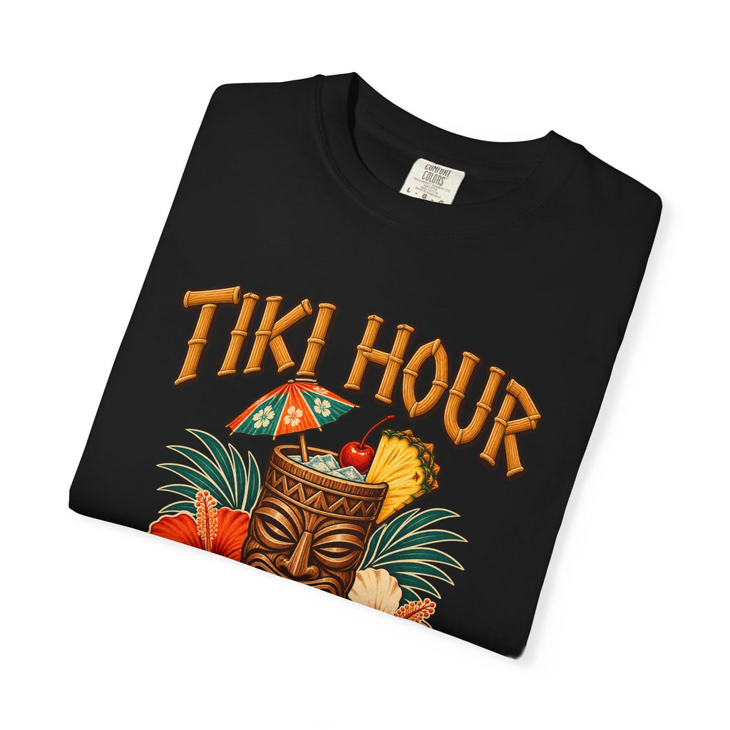 Tiki Hour Never Ends Tee | Tiki Bar Cocktail Shirt | Tropical Hawaiian T-Shirt | Comfort Colors Blue Jean