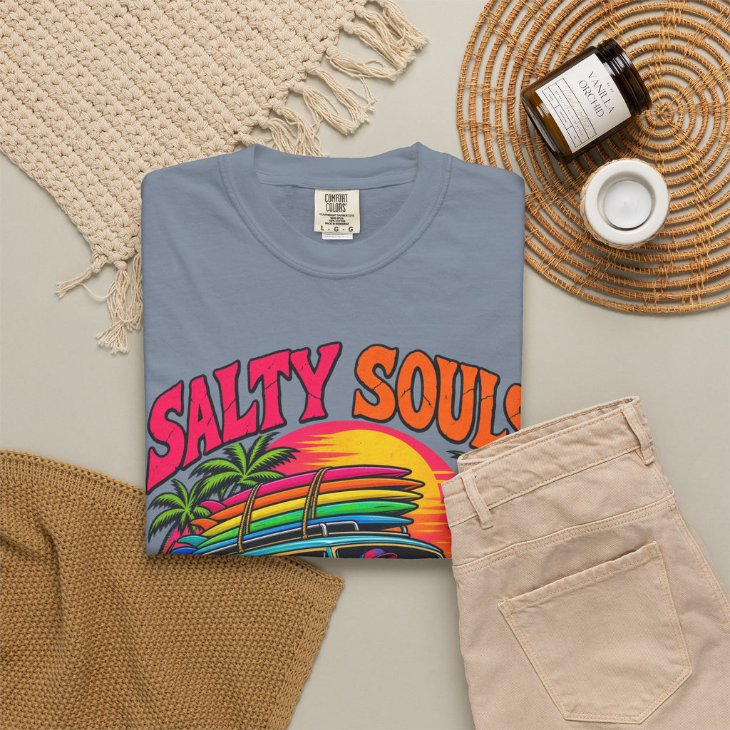 Salty Souls Never Sleep Tee | Skeleton Surf Van Shirt | Funny Retro Surf T-Shirt | Comfort Colors