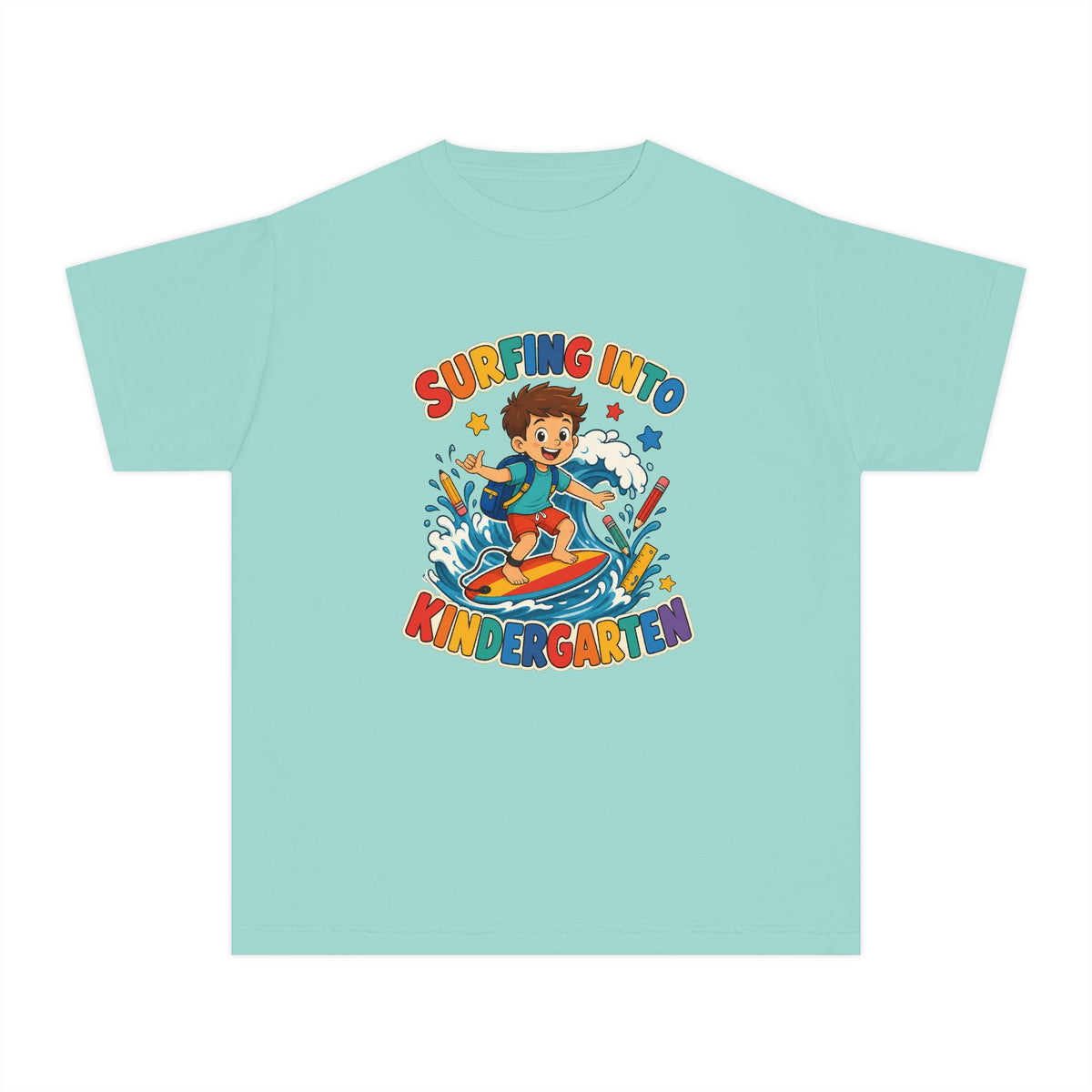 Surfing Into Kindergarten Kids Tee | Kindergarten Surf Shirt | Youth Beach T-Shirt | Surf Kid Gift