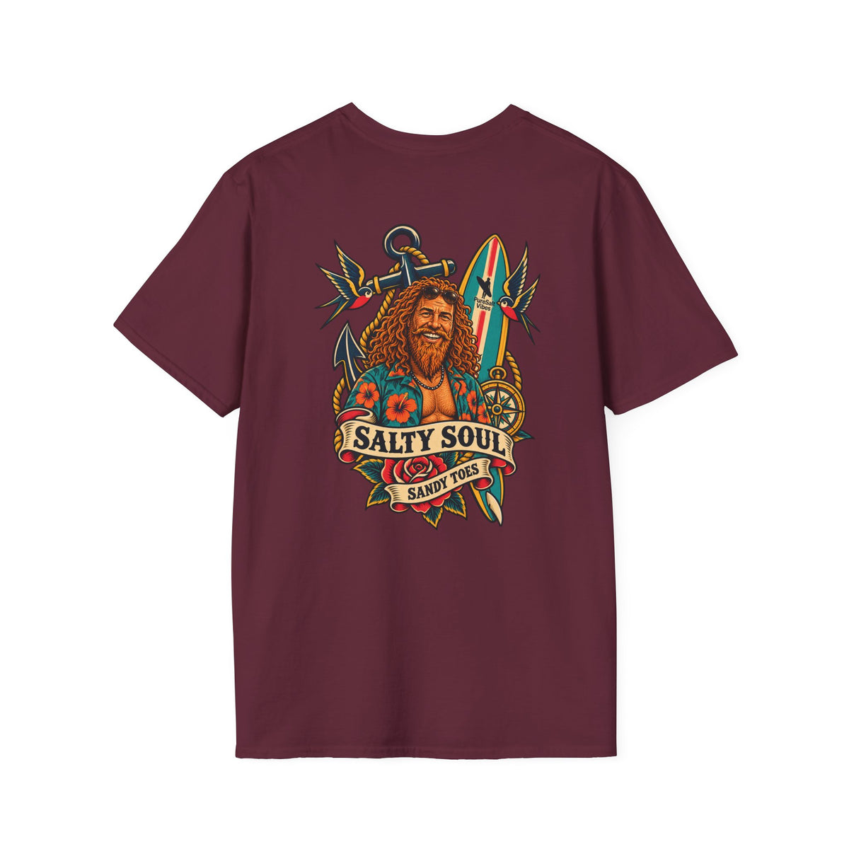 Salty Soul Sandy Toes Surf Tee - Bright Colours | Retro Old Surfer Back Print T-Shirt | Beach Gift