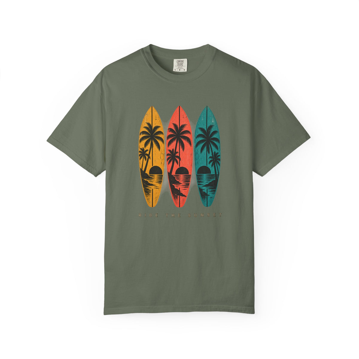 Ride The Sunset Tee | Retro Surfboard Palm Shirt | Vintage Surf T-Shirt | Comfort Colors Gift