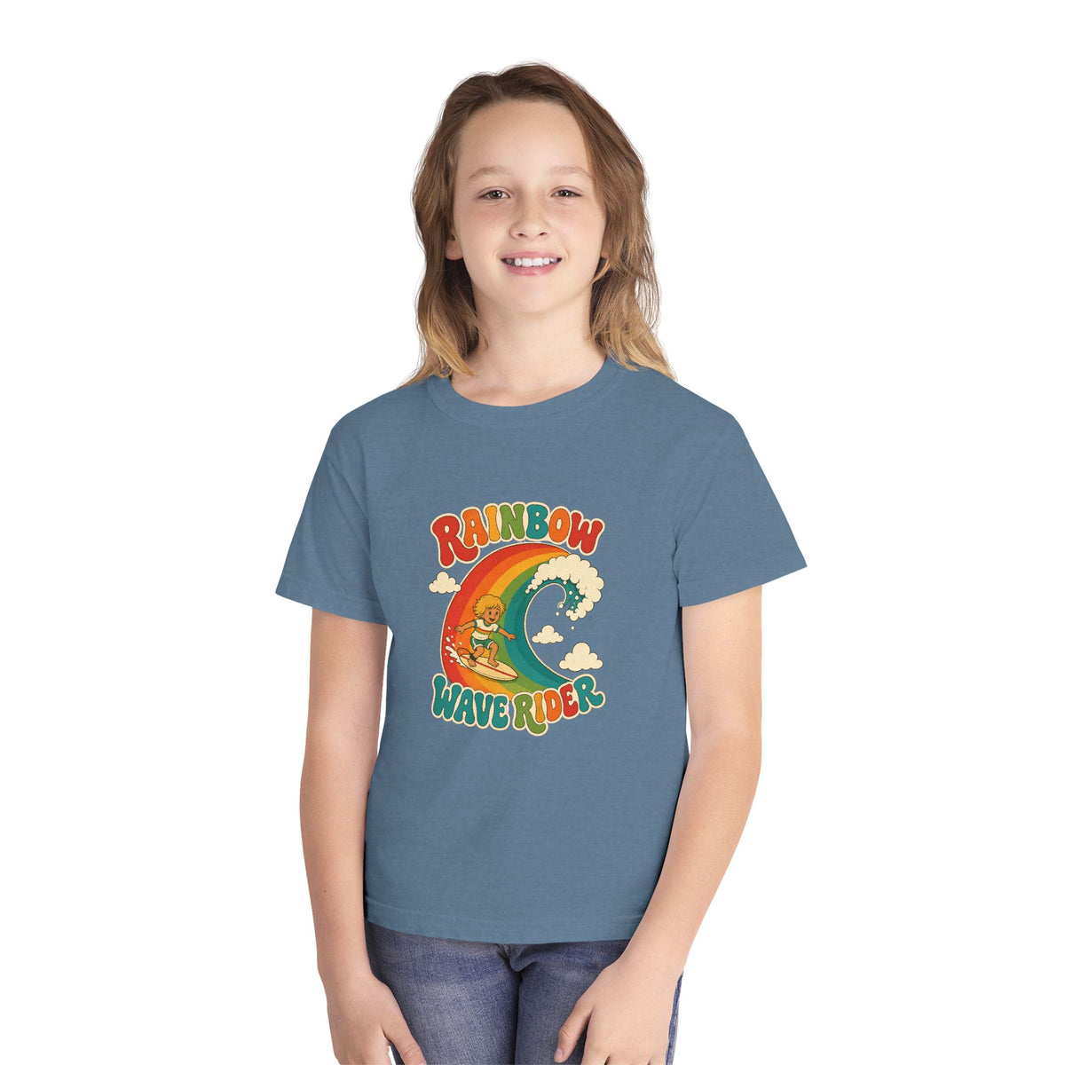 Rainbow Wave Rider Kids Tee | Rainbow Wave Kids Shirt | Youth Beach T-Shirt | Surf Kid Gift