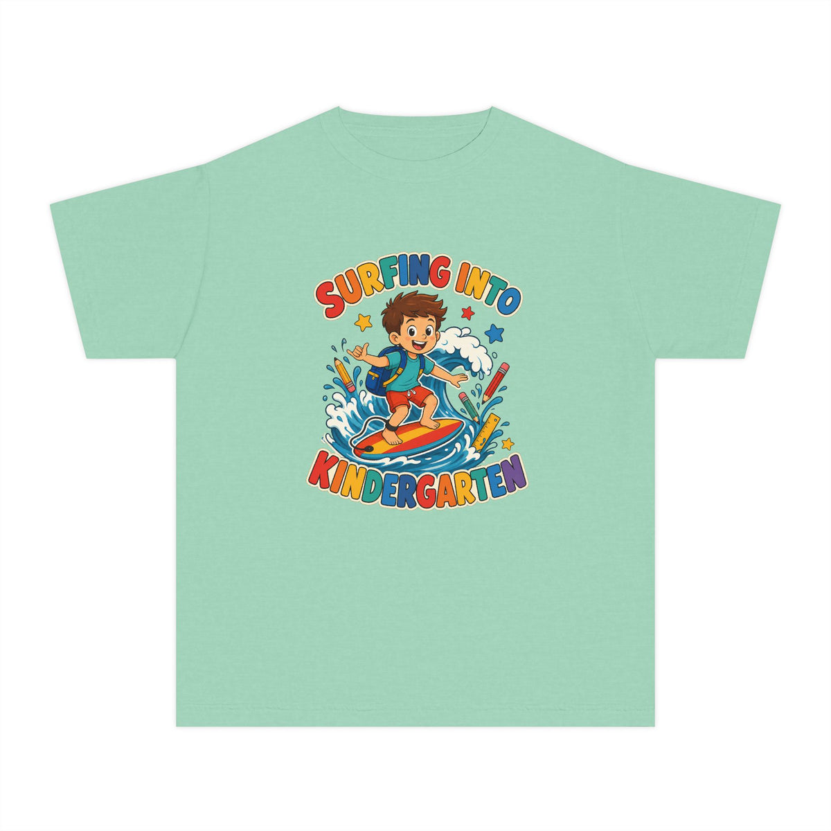 Surfing Into Kindergarten Kids Tee | Kindergarten Surf Shirt | Youth Beach T-Shirt | Surf Kid Gift