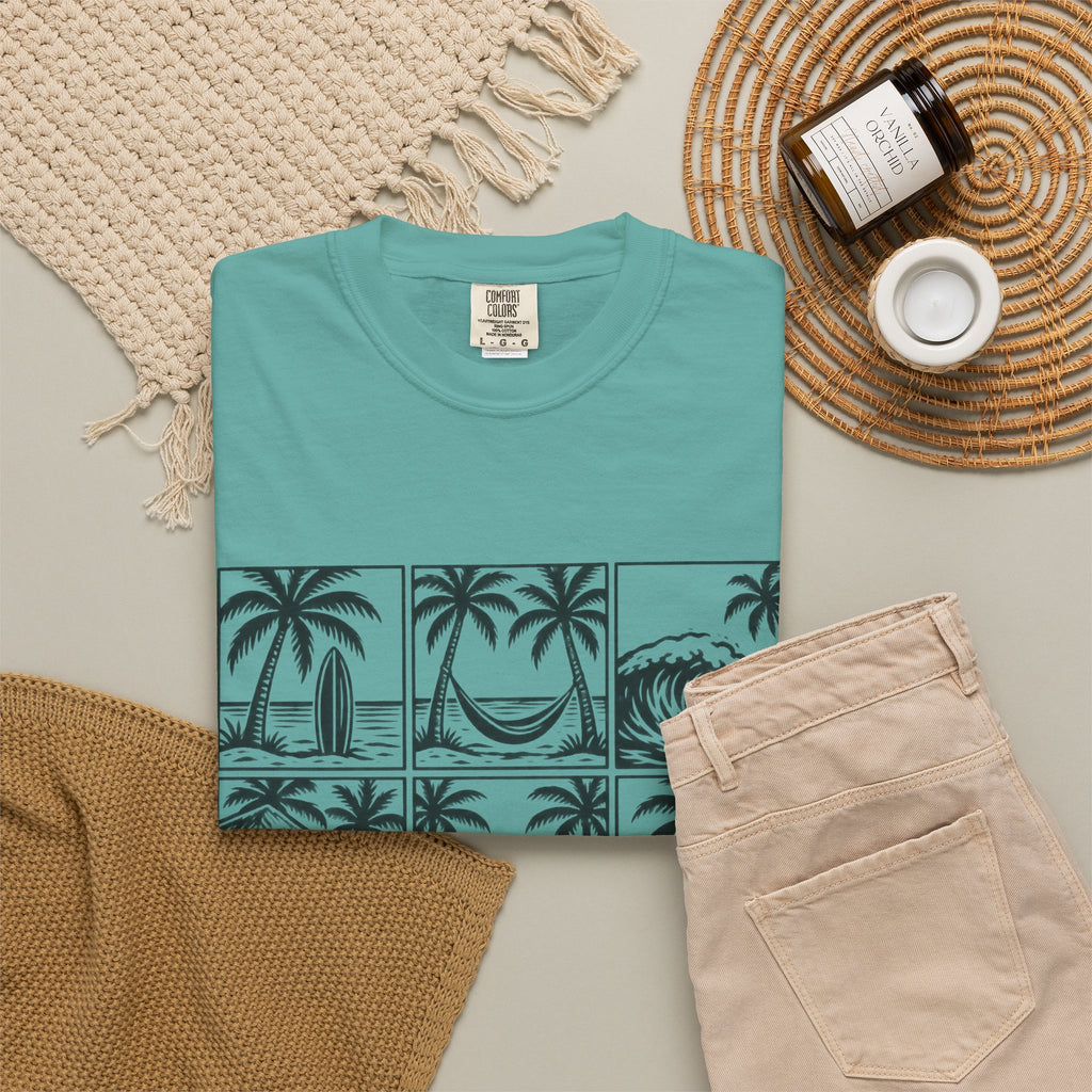 Woodcut Palm Grid Shirt | Tropical Surf Tiles Tee | Comfort Colors T-Shirt