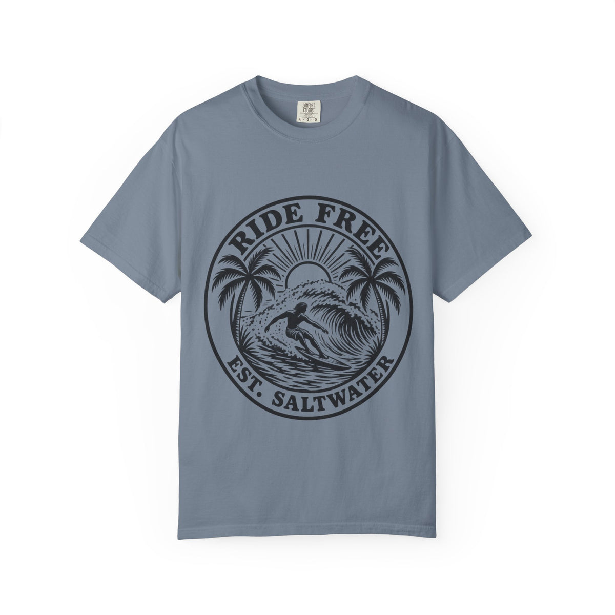 Ride Free Woodcut Surf Shirt | Est Saltwater Badge Tee | Comfort Colors T-Shirt