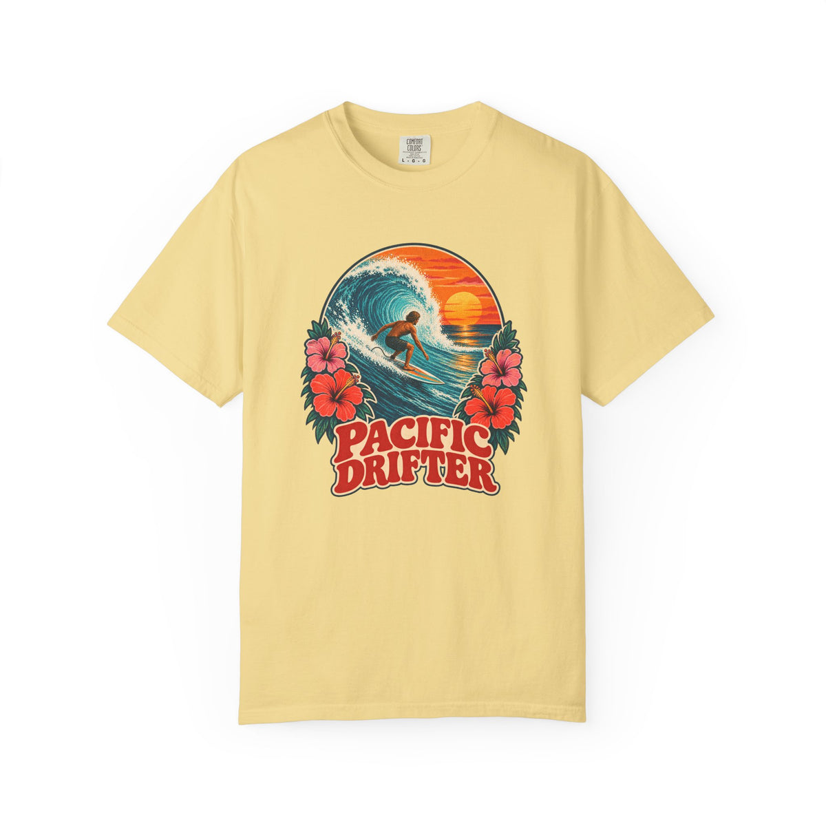Pacific Drifter Tee | Retro Surfer Wave Hibiscus Shirt | Vintage Surf T-Shirt | Comfort Colors Gift