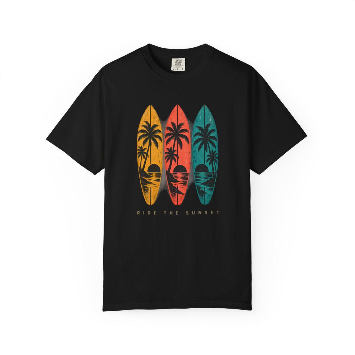Ride The Sunset Tee | Retro Surfboard Palm Shirt | Vintage Surf T-Shirt | Comfort Colors Gift