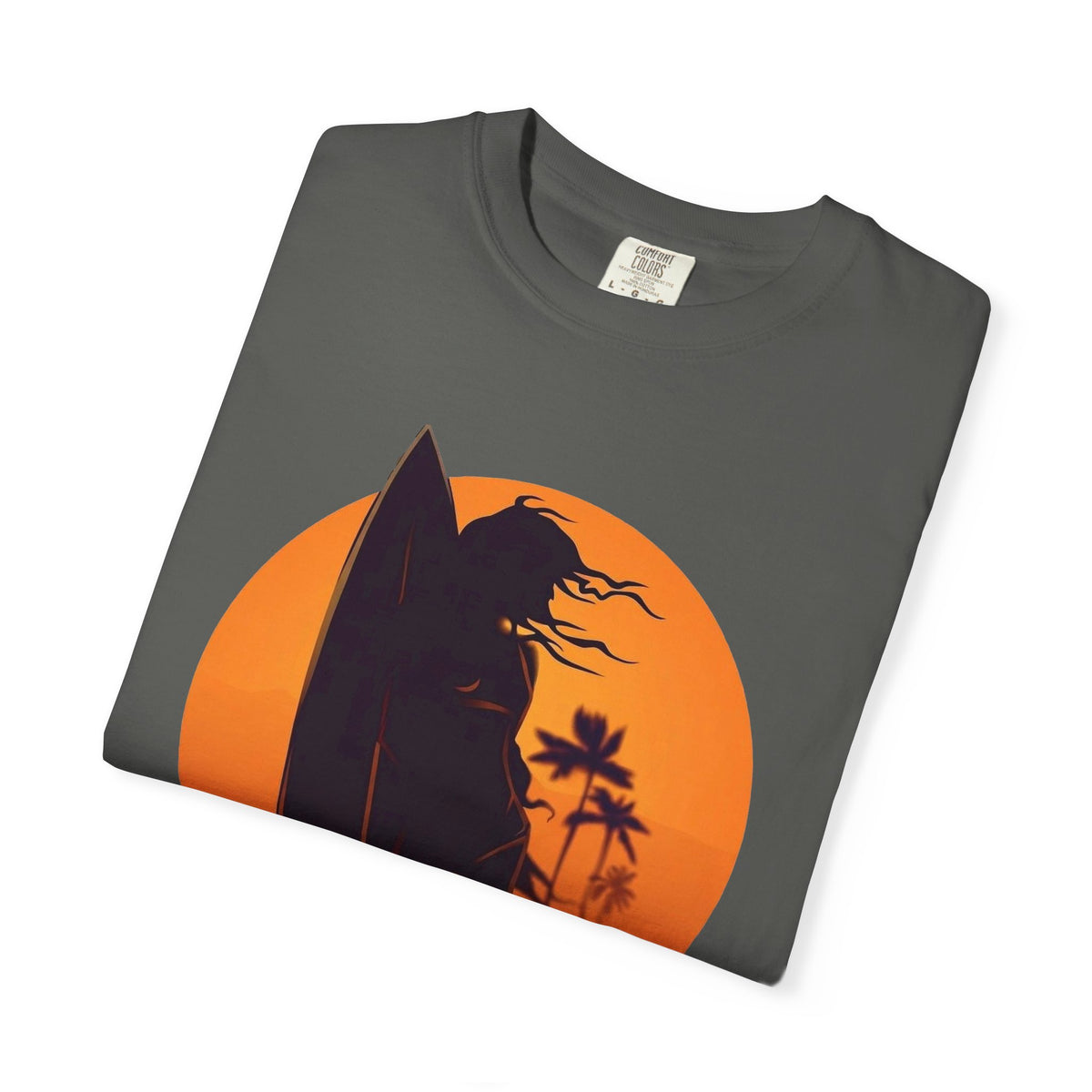 Sunset Surf Girl Tee | Retro Surfer Silhouette Shirt | Palm Tree Sunset Beach T-Shirt | Comfort Colors