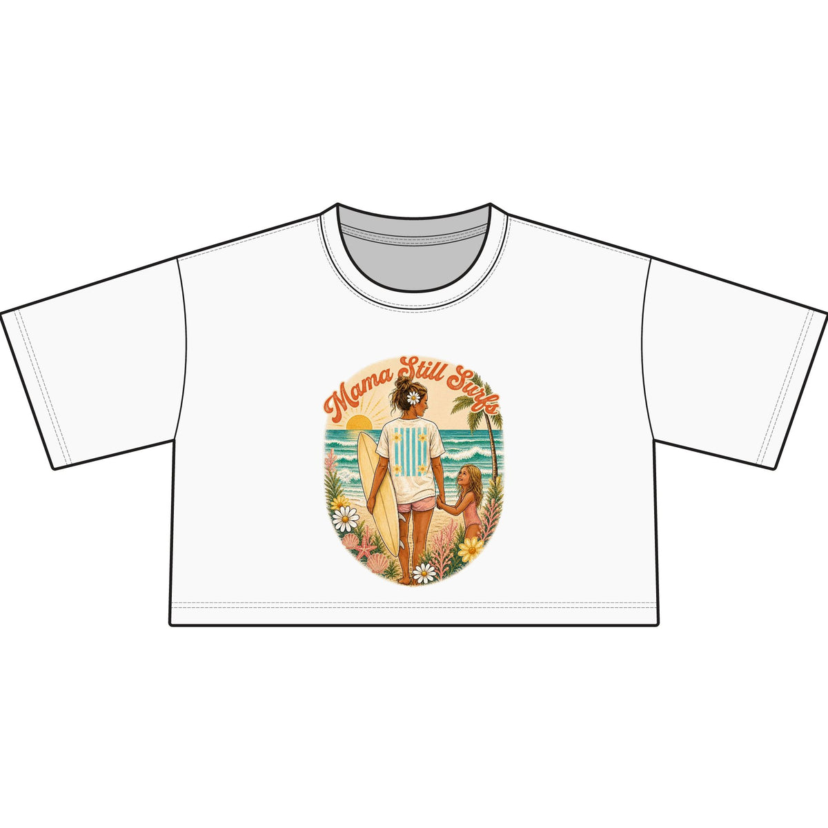 Mama Still Surfs Vintage Beach Scene Cropped Tee | Surfing Mom Graphic Shirt