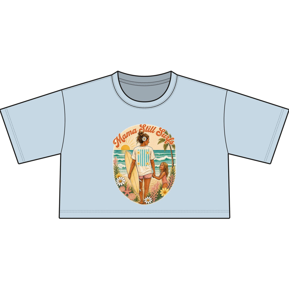 Mama Still Surfs Vintage Beach Scene Cropped Tee | Surfing Mom Graphic Shirt