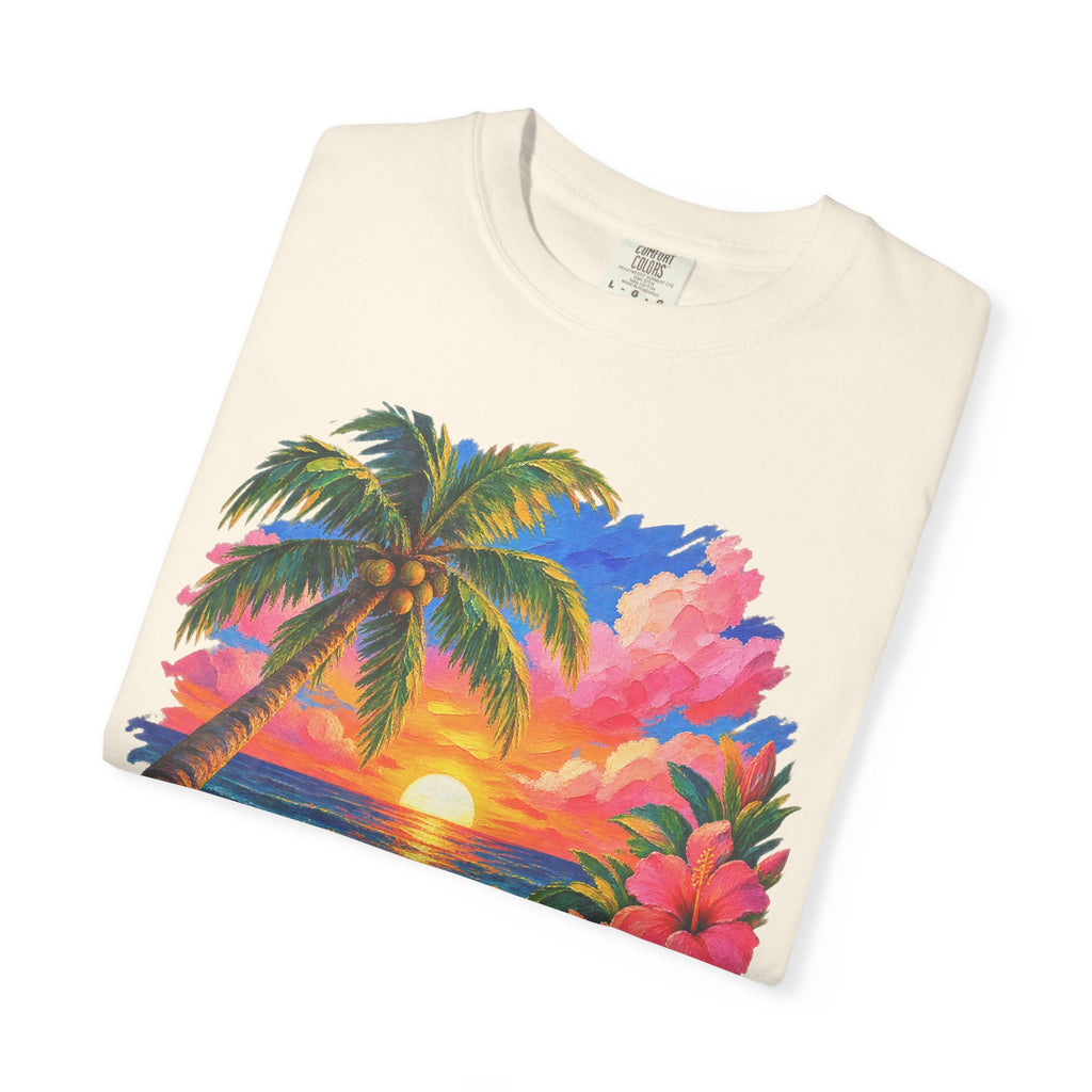Hibiscus Sunset Ocean Shirt | Painted Tropical Seascape Tee | Comfort Colors T-Shirt