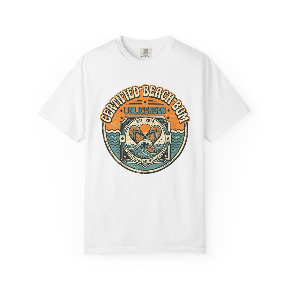 Certified Beach Bum graphic T-Shirt | Retro Surf Badge, Ocean Waves