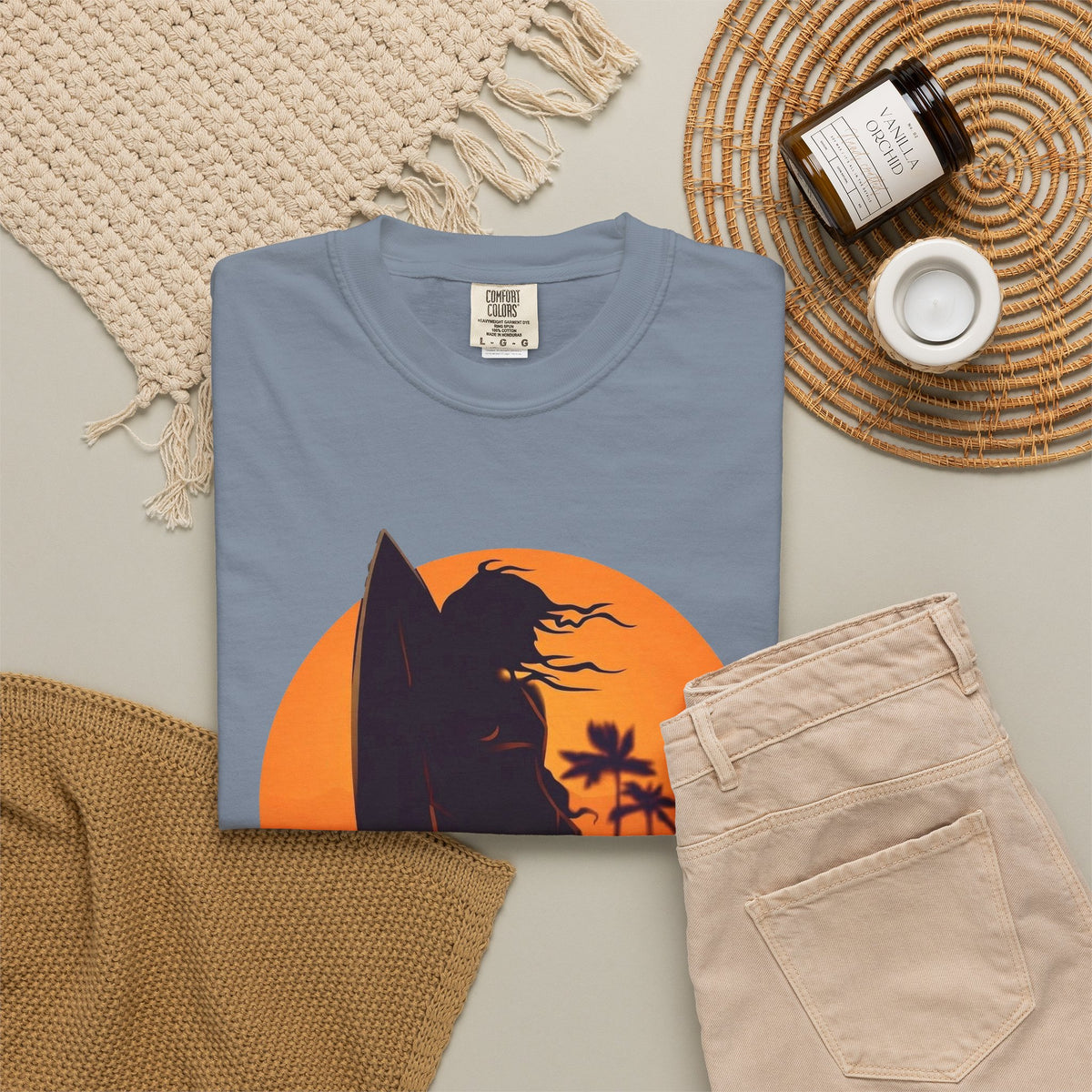 Sunset Surf Girl Tee | Retro Surfer Silhouette Shirt | Palm Tree Sunset Beach T-Shirt | Comfort Colors