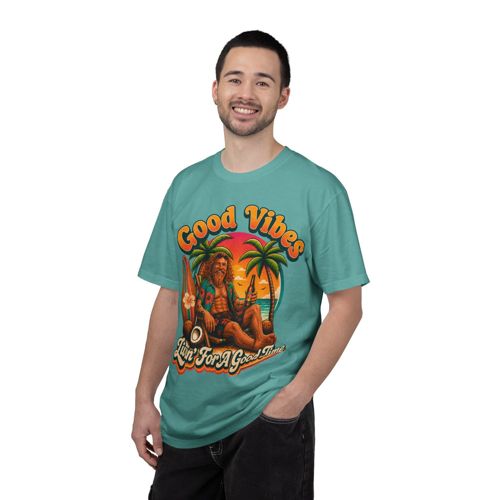 Good Vibes Surfer Graphic T-shirt | Retro Beach Sunset, Palm Trees