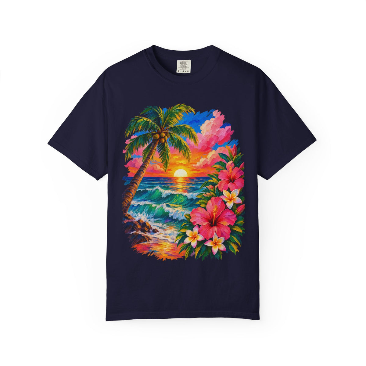 Hibiscus Sunset Ocean Shirt | Painted Tropical Seascape Tee | Comfort Colors T-Shirt