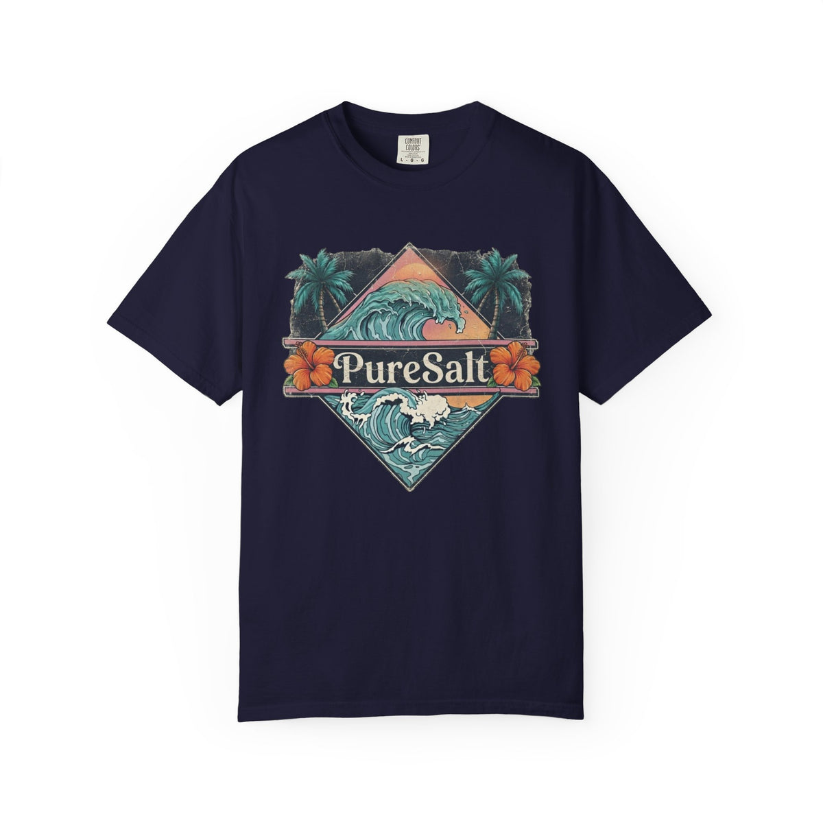 PureSalt Wave Badge Tee | Vintage Surf Wave Shirt | Retro Palm Tree Beach T-Shirt | Comfort Colors