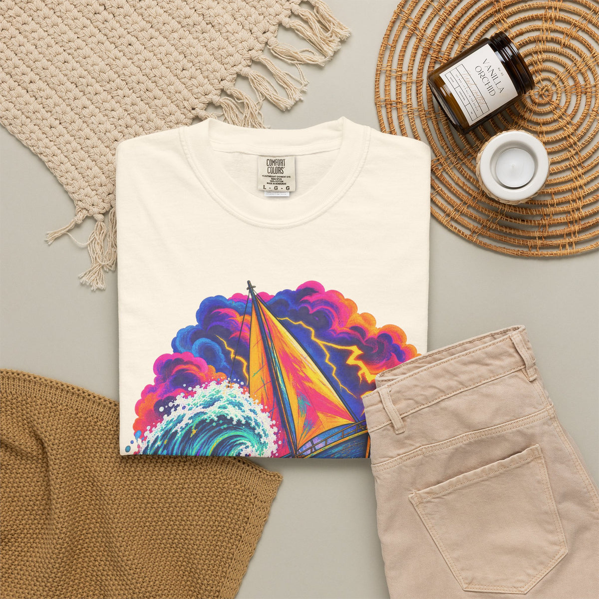 Ride The Storm Tee | Sailboat Big Wave Shirt | Bold Ocean Art T-Shirt | Comfort Colors