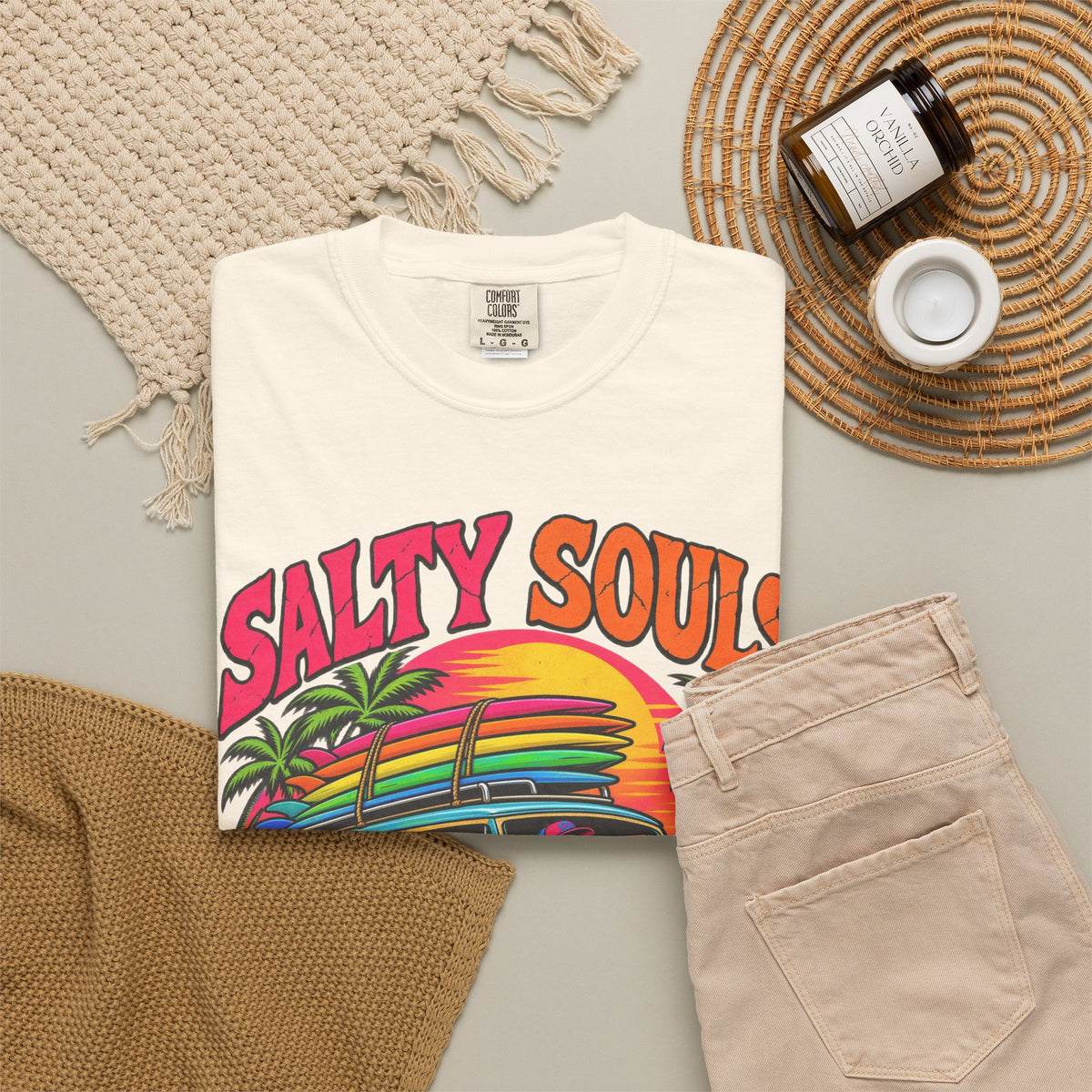 Salty Souls Never Sleep Tee | Skeleton Surf Van Shirt | Funny Retro Surf T-Shirt | Comfort Colors