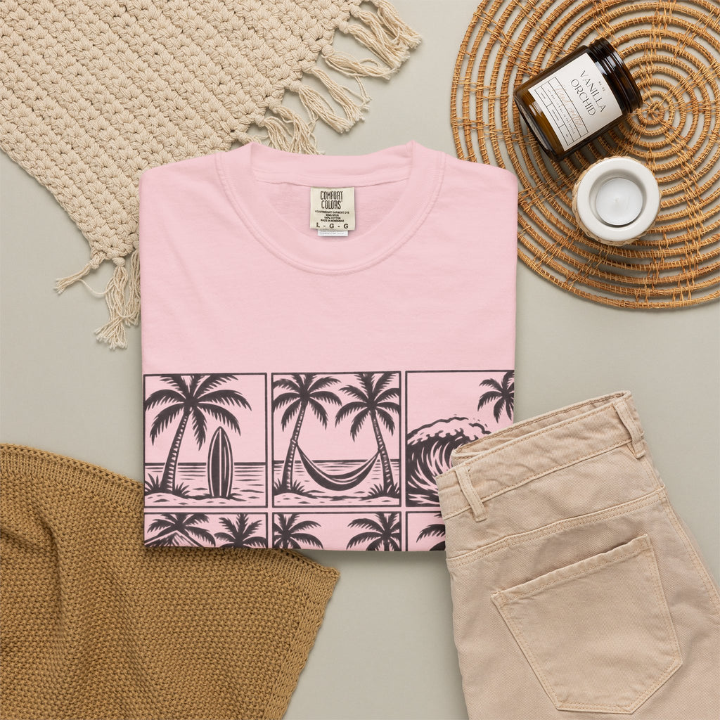 Woodcut Palm Grid Shirt | Tropical Surf Tiles Tee | Comfort Colors T-Shirt