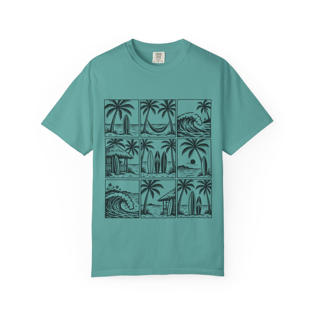 Woodcut Palm Grid Shirt | Tropical Surf Tiles Tee | Comfort Colors T-Shirt