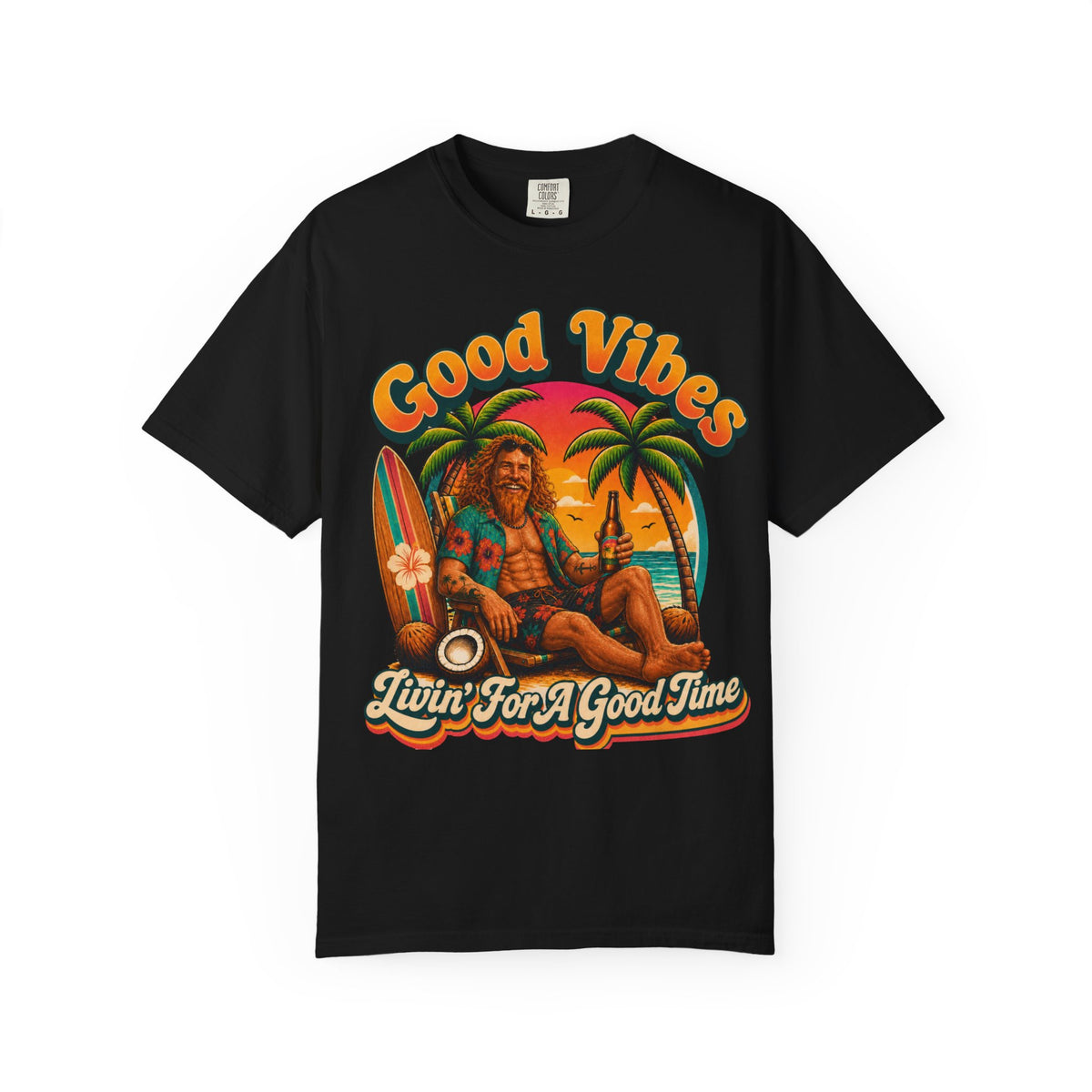 Good Vibes Surfer Graphic T-shirt | Retro Beach Sunset, Palm Trees