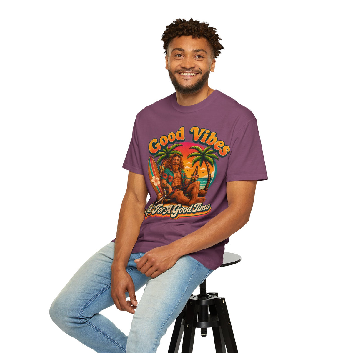 Good Vibes Surfer Graphic T-shirt | Retro Beach Sunset, Palm Trees