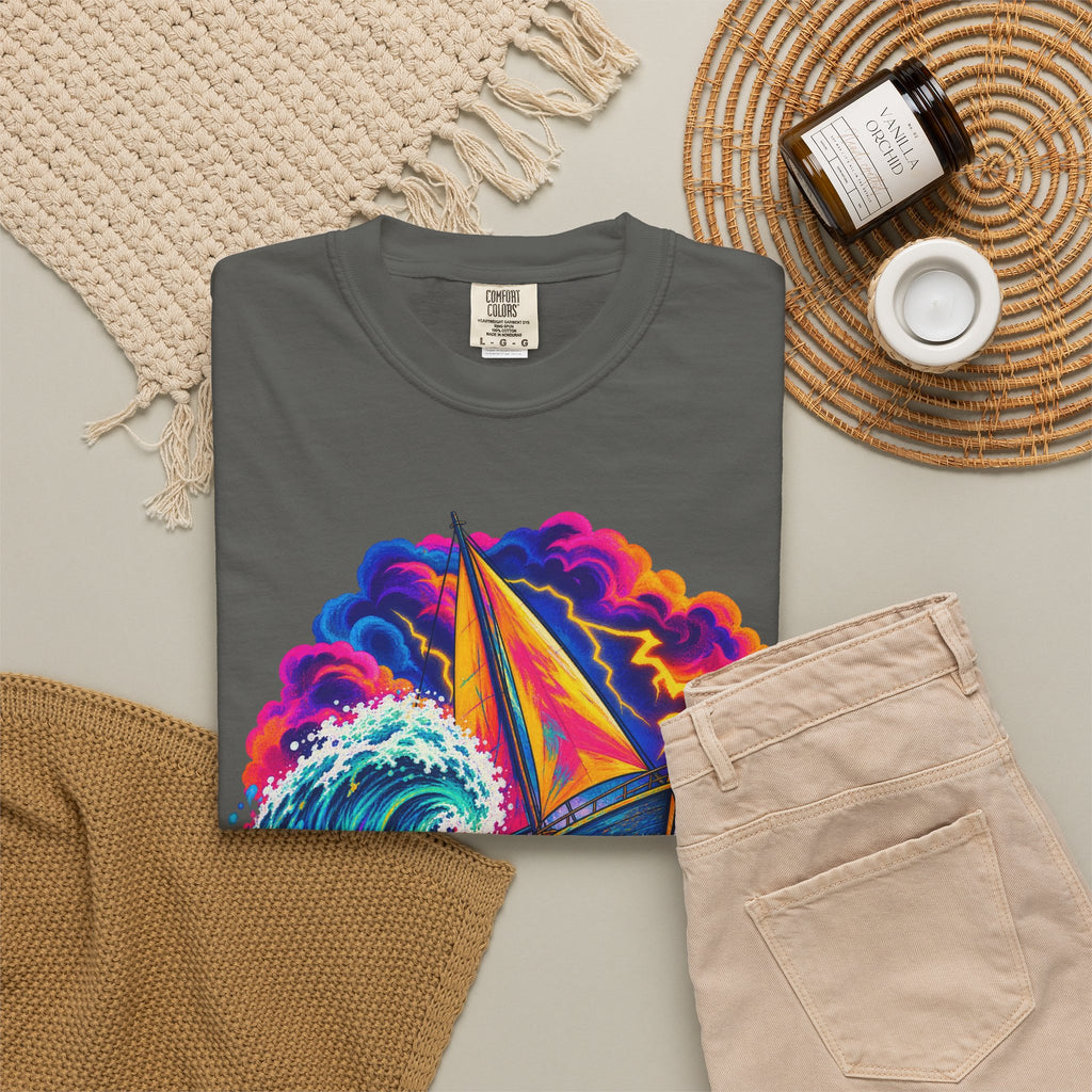 Ride The Storm Tee | Sailboat Big Wave Shirt | Bold Ocean Art T-Shirt | Comfort Colors